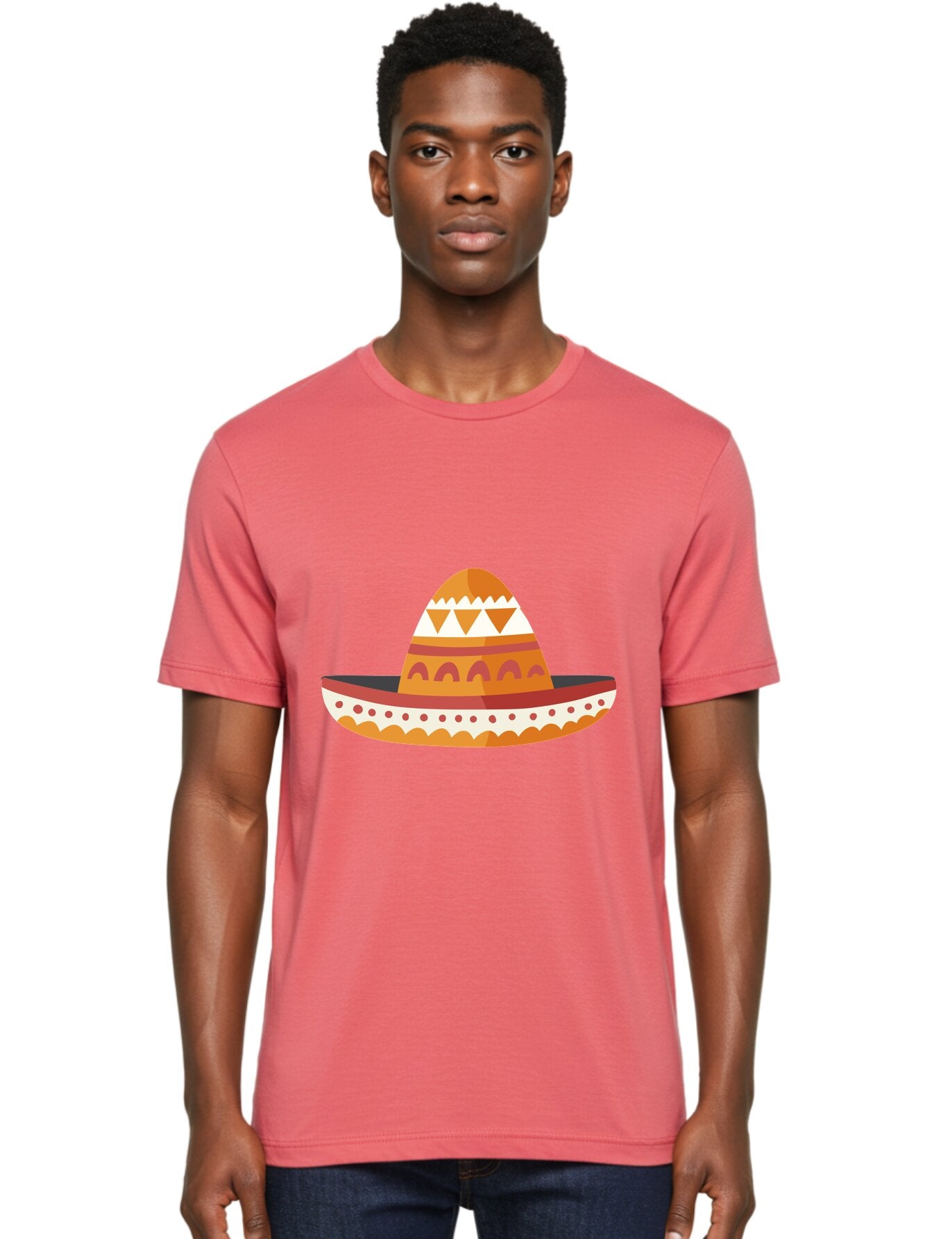 Sombrero-3 Men'S Graphic Tee, 100% Cotton, Comfortable Casual Summer Wear, Machine Washable, Traditional Mexican Hat, Vibrant Colors, Festive Atmosphere, Cultural Heritage, Orange And Red Stripes, White Accents, Decorative Patterns, Aad758 25