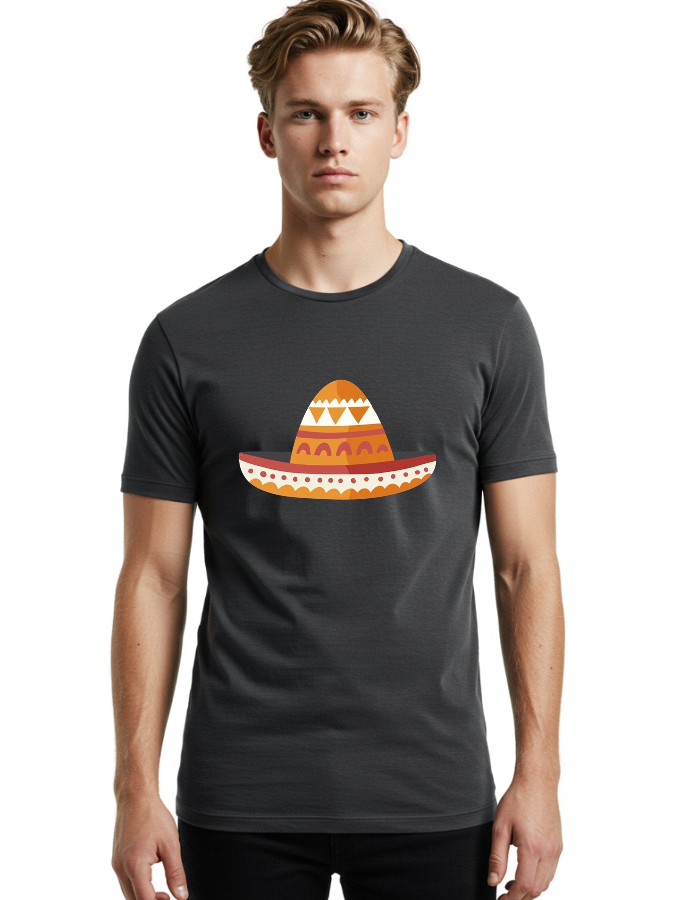 Sombrero-3 Men'S Graphic Tee, 100% Cotton, Comfortable Casual Summer Wear, Machine Washable, Traditional Mexican Hat, Vibrant Colors, Festive Atmosphere, Cultural Heritage, Orange And Red Stripes, White Accents, Decorative Patterns, Aad758 26