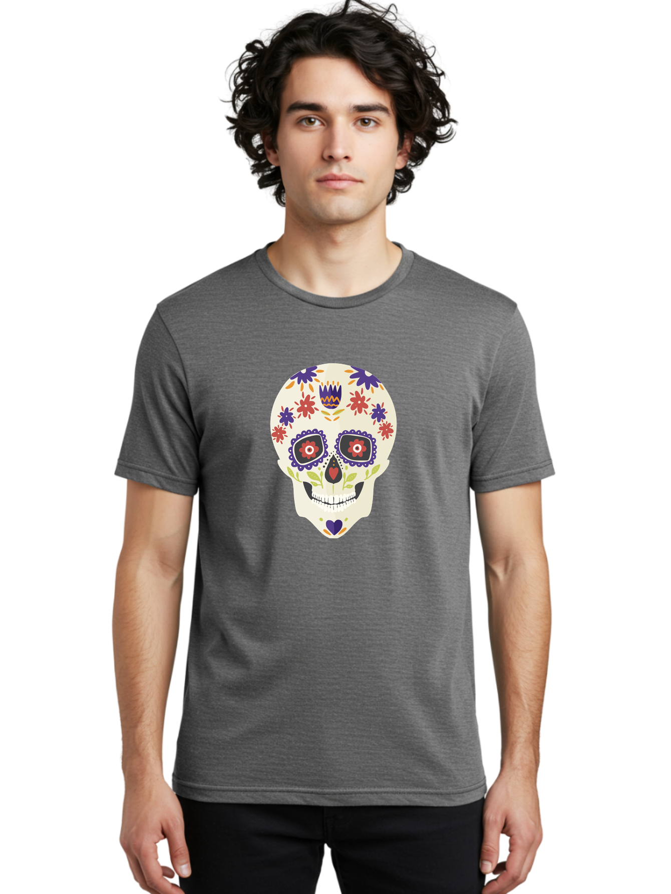 Sugar-Skull Men'S Graphic Tee, 100% Cotton, Comfortable Casual Summer Wear, Machine Washable, Sugar Skull, Day Of The Dead, Floral Design, Colorful Decorations, Vibrant Flowers, Festive Illustration, Traditional Mexican Art, Aad764 10