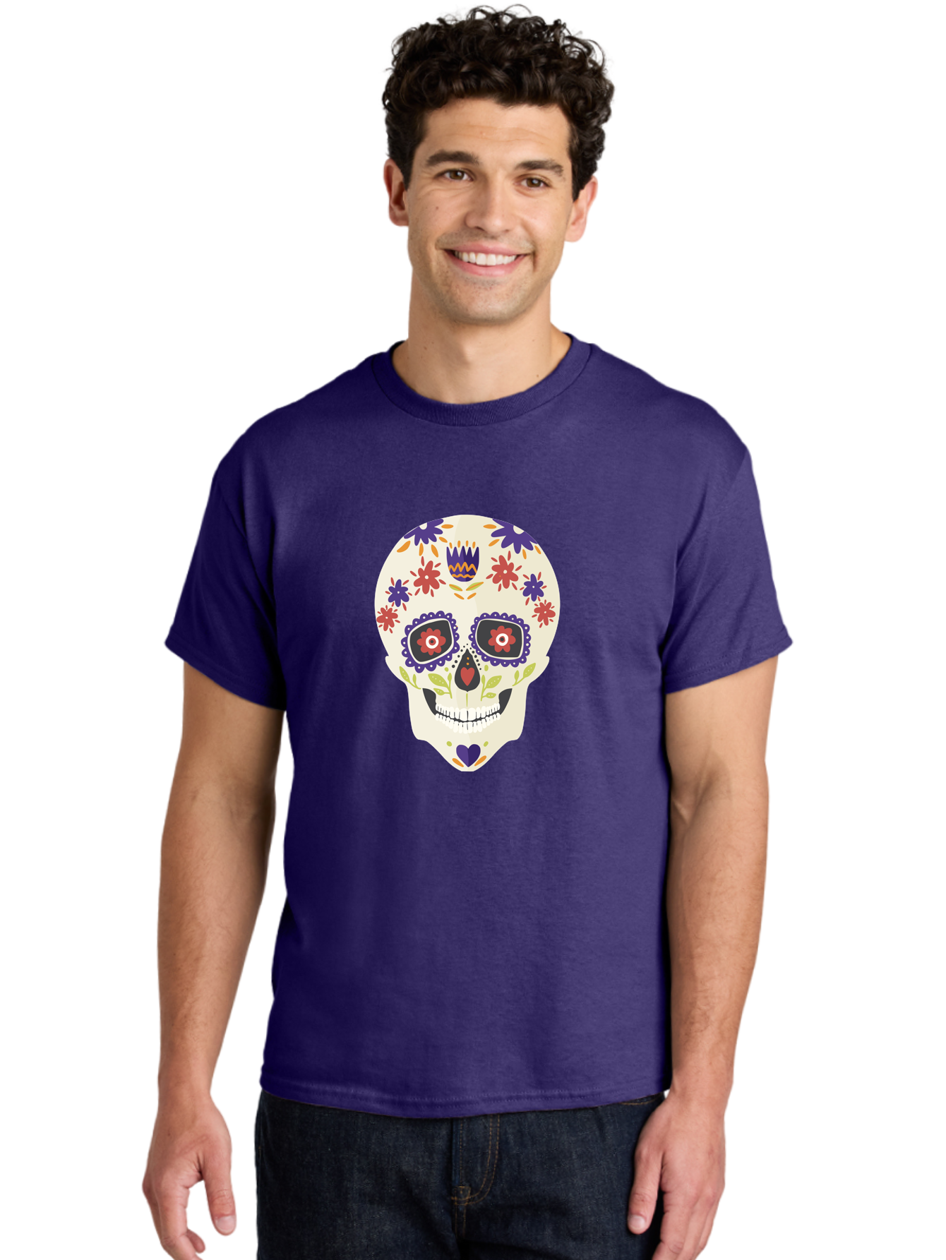Sugar-Skull Men'S Graphic Tee, 100% Cotton, Comfortable Casual Summer Wear, Machine Washable, Sugar Skull, Day Of The Dead, Floral Design, Colorful Decorations, Vibrant Flowers, Festive Illustration, Traditional Mexican Art, Aad764