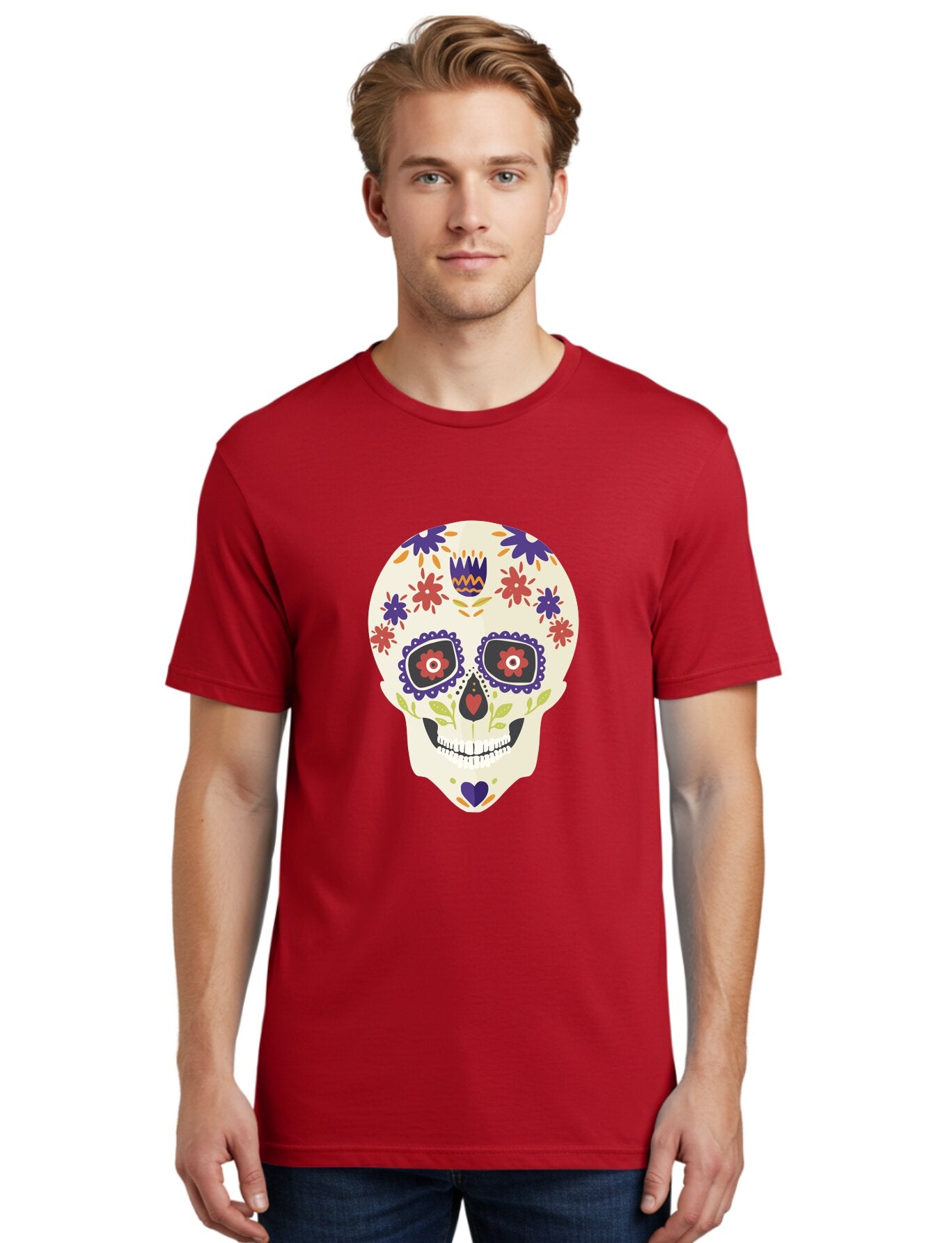 Sugar-Skull Men'S Graphic Tee, 100% Cotton, Comfortable Casual Summer Wear, Machine Washable, Sugar Skull, Day Of The Dead, Floral Design, Colorful Decorations, Vibrant Flowers, Festive Illustration, Traditional Mexican Art, Aad764 22