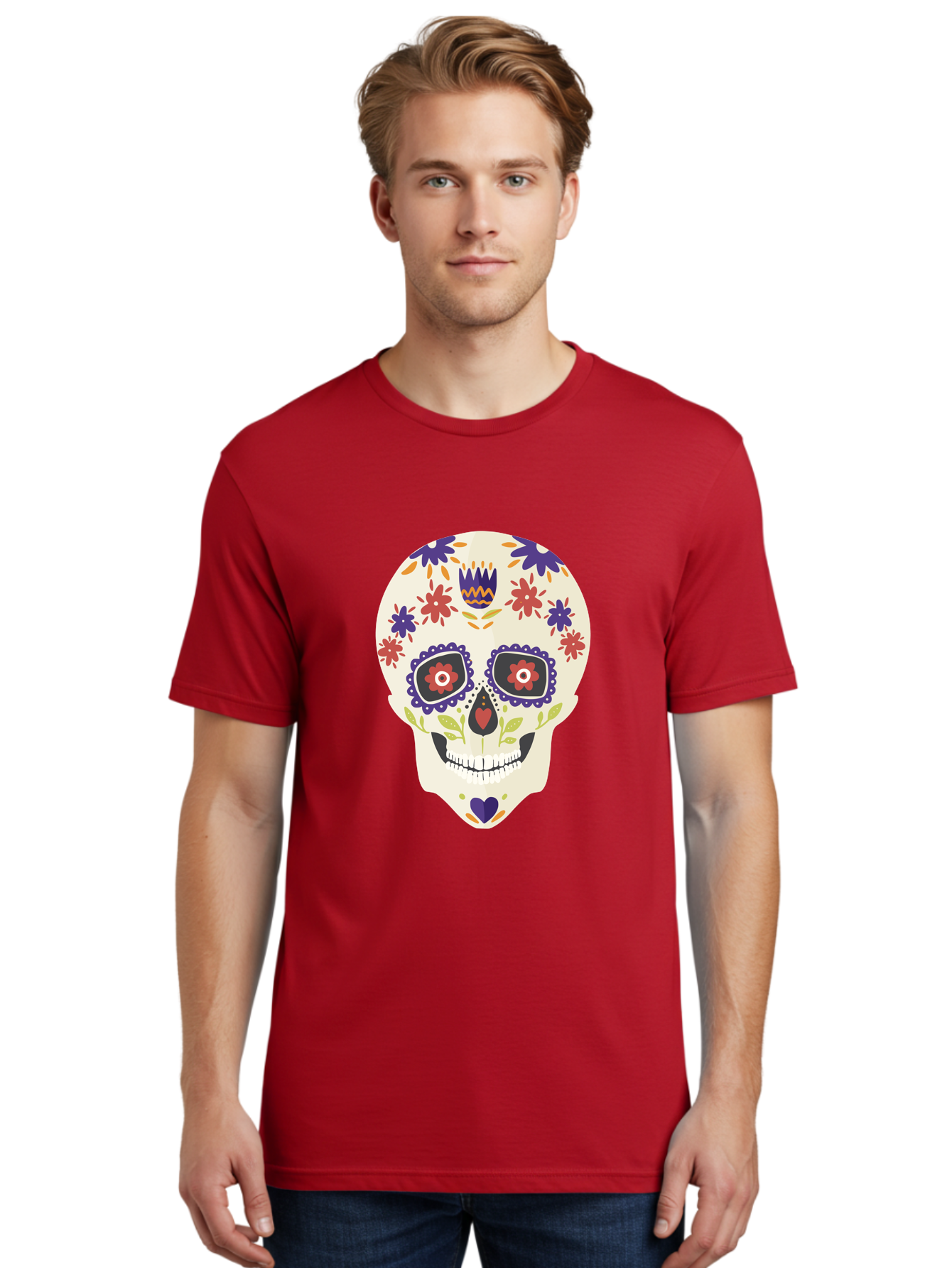 Sugar-Skull Men'S Graphic Tee, 100% Cotton, Comfortable Casual Summer Wear, Machine Washable, Sugar Skull, Day Of The Dead, Floral Design, Colorful Decorations, Vibrant Flowers, Festive Illustration, Traditional Mexican Art, Aad764 18