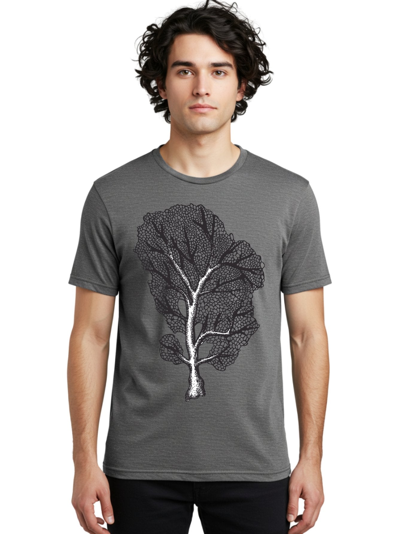Tree Men'S Graphic Tee, 100% Cotton, Comfortable Casual Summer Wear, Machine Washable, Stylized Tree, Black And White Illustration, Leafy Branches, Detailed Foliage, Graphic Design Element, Artistic Tree, Natural Motif, Sketch Art Aad769 25