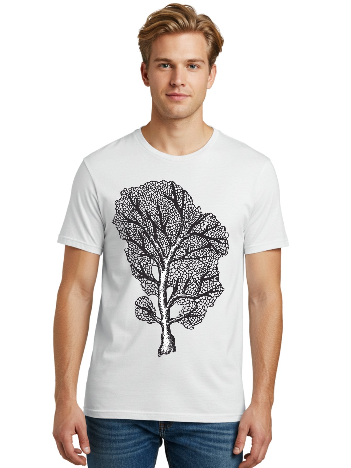 Tree Men'S Graphic Tee, 100% Cotton, Comfortable Casual Summer Wear, Machine Washable, Stylized Tree, Black And White Illustration, Leafy Branches, Detailed Foliage, Graphic Design Element, Artistic Tree, Natural Motif, Sketch Art Aad769 21