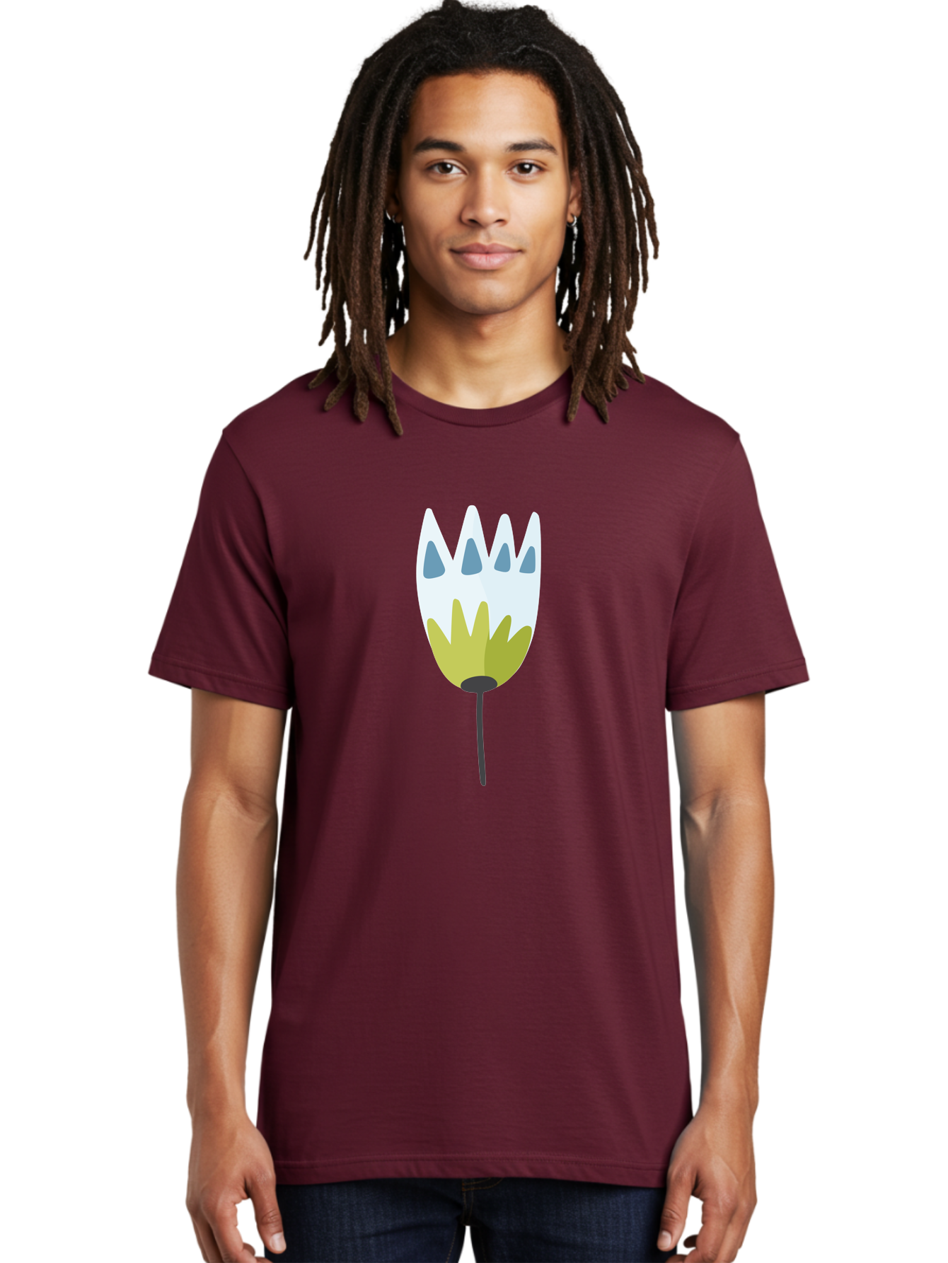 Tulip Men'S Graphic Tee, 100% Cotton, Comfortable Casual Summer Wear, Machine Washable, Stylized Tulip, White Petals, Yellow Center, Blue Teardrop Shapes, Simple Illustration, Spring Flower, Minimalist Design, Floral Graphic Aad770 26