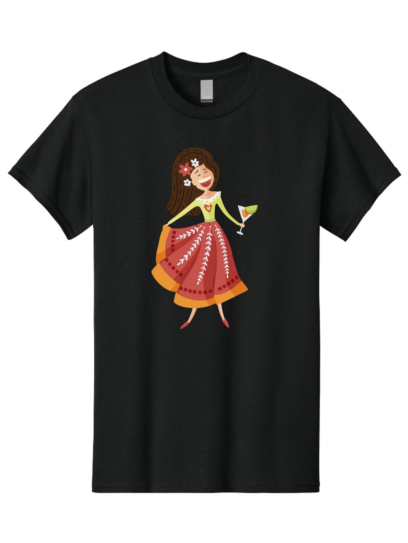 Woman-With-Cocktail Men'S Graphic Tee, 100% Cotton, Comfortable Casual Summer Wear, Machine Washable, Happy Woman, Cocktail Glass, Festive Atmosphere, Colorful Dress, Flowers In Hair, Celebratory Drink, Joyful Expression, Elegant Pose Aad773