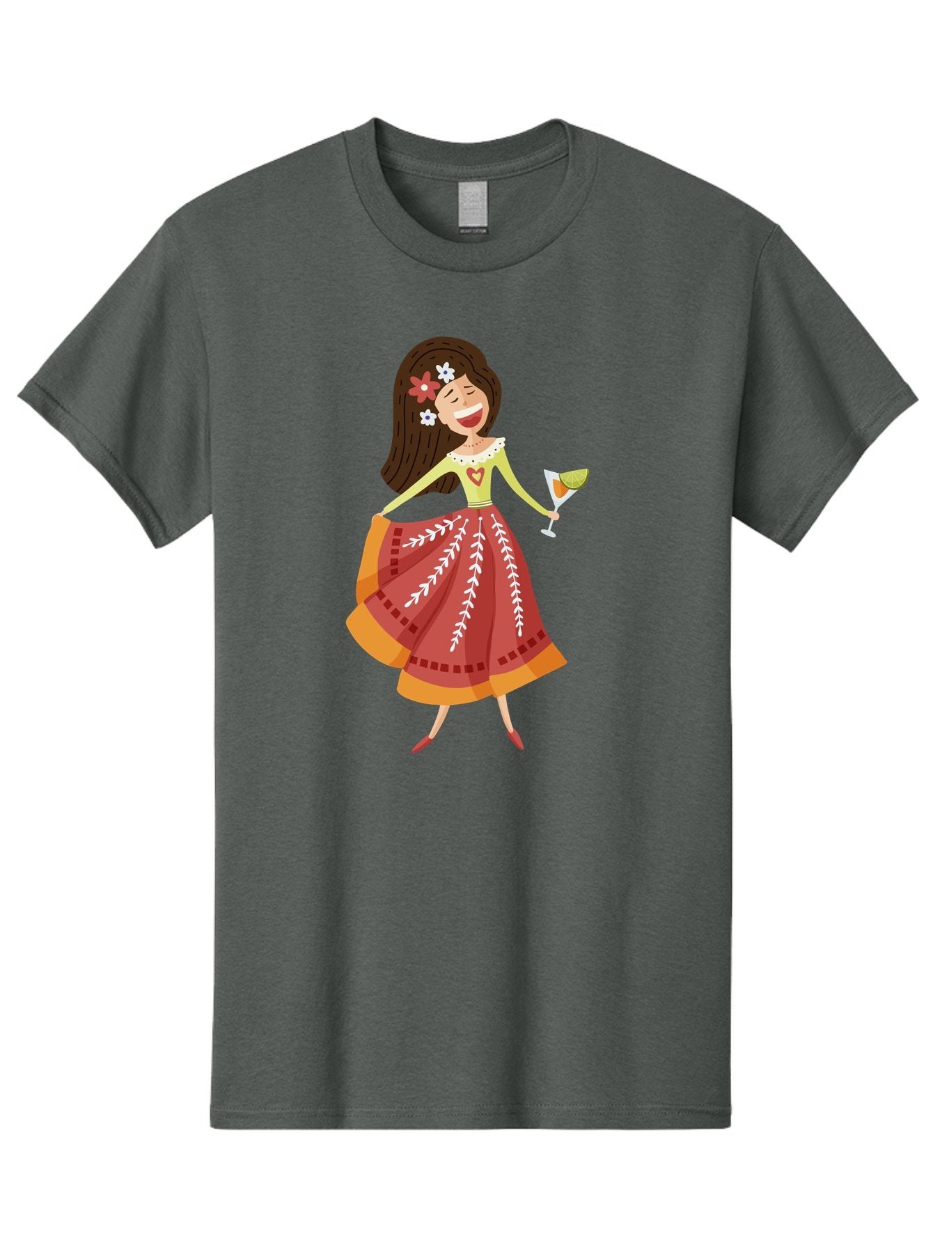 Woman-With-Cocktail Men'S Graphic Tee, 100% Cotton, Comfortable Casual Summer Wear, Machine Washable, Happy Woman, Cocktail Glass, Festive Atmosphere, Colorful Dress, Flowers In Hair, Celebratory Drink, Joyful Expression, Elegant Pose Aad773 14