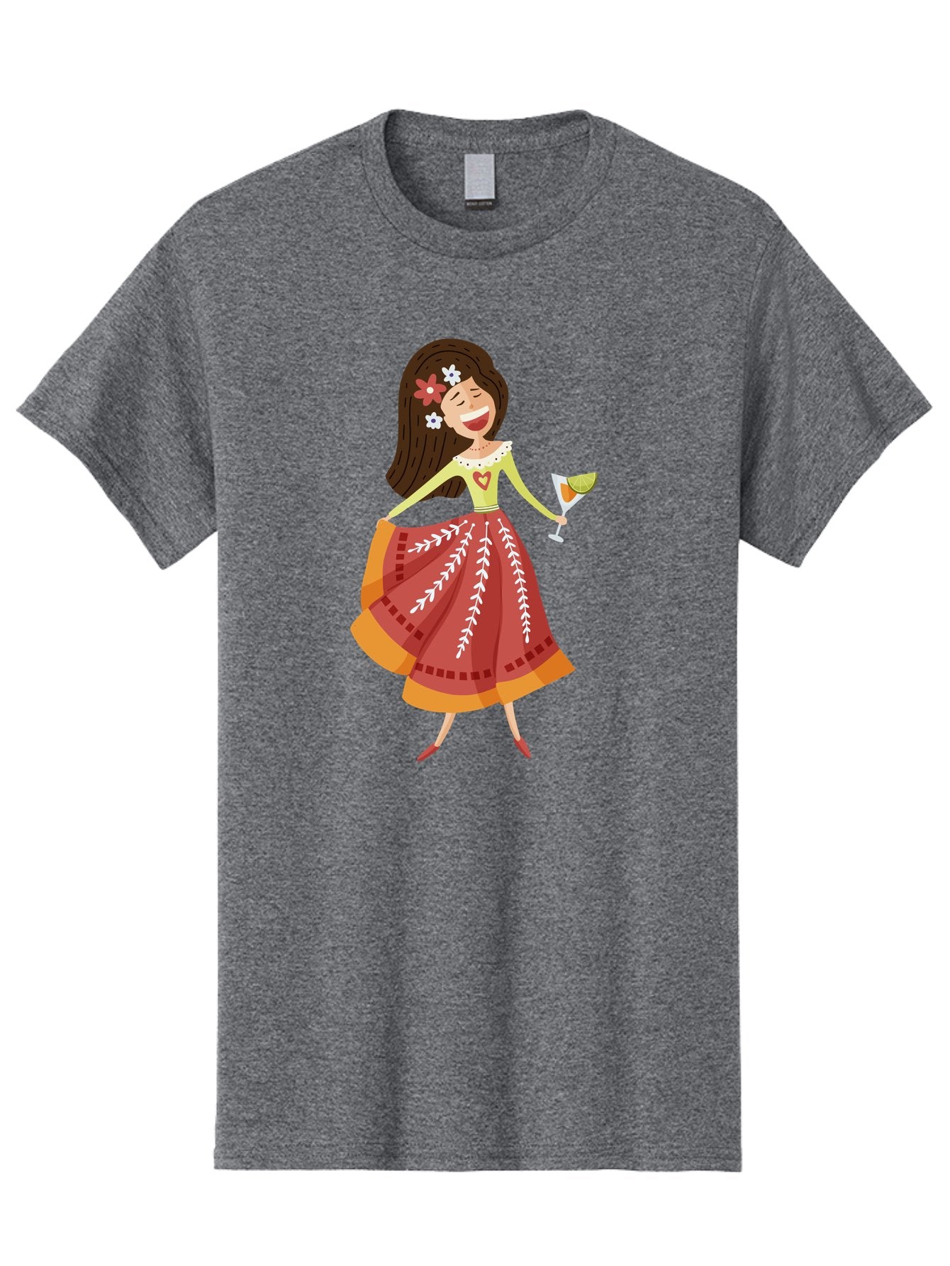 Woman-With-Cocktail Men'S Graphic Tee, 100% Cotton, Comfortable Casual Summer Wear, Machine Washable, Happy Woman, Cocktail Glass, Festive Atmosphere, Colorful Dress, Flowers In Hair, Celebratory Drink, Joyful Expression, Elegant Pose Aad773 12