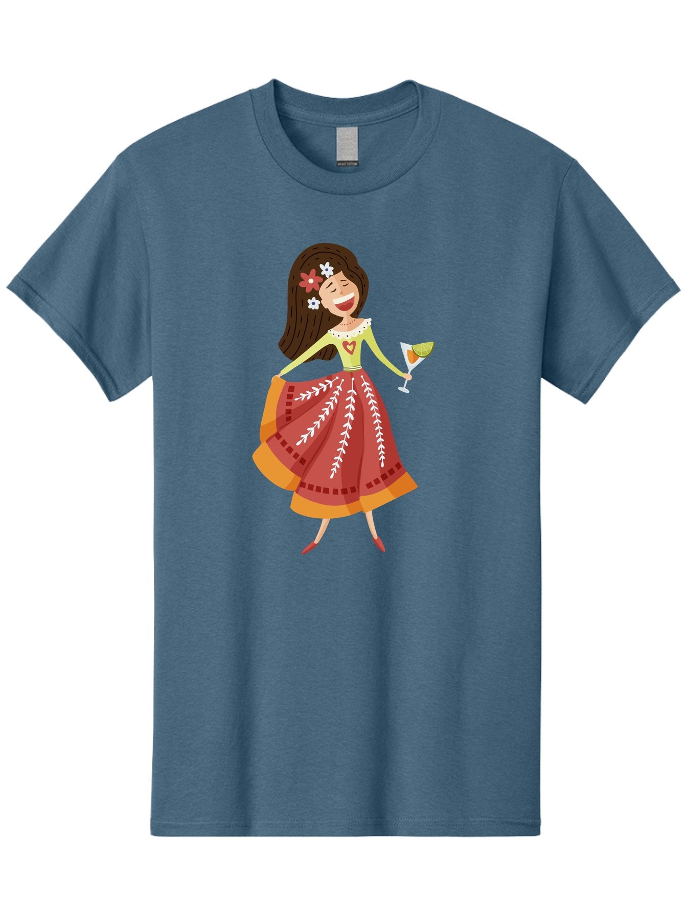 Woman-With-Cocktail Men'S Graphic Tee, 100% Cotton, Comfortable Casual Summer Wear, Machine Washable, Happy Woman, Cocktail Glass, Festive Atmosphere, Colorful Dress, Flowers In Hair, Celebratory Drink, Joyful Expression, Elegant Pose Aad773 9