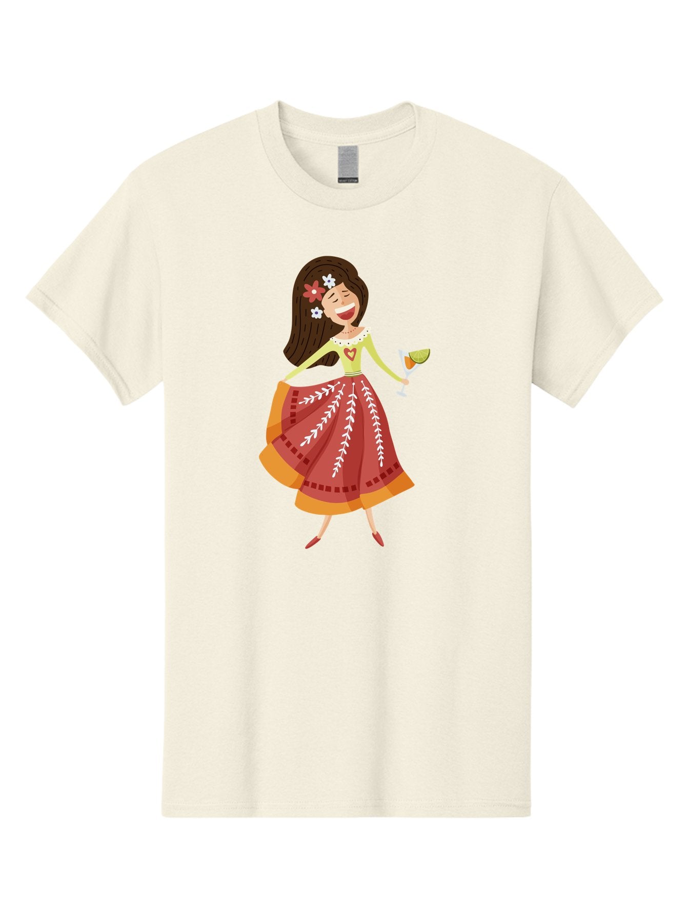 Woman-With-Cocktail Men'S Graphic Tee, 100% Cotton, Comfortable Casual Summer Wear, Machine Washable, Happy Woman, Cocktail Glass, Festive Atmosphere, Colorful Dress, Flowers In Hair, Celebratory Drink, Joyful Expression, Elegant Pose Aad773 6