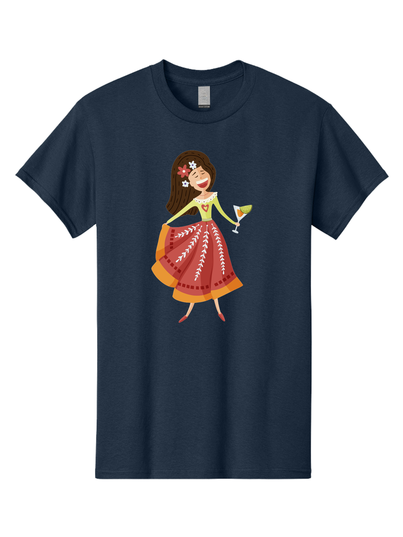 Woman-With-Cocktail Men'S Graphic Tee, 100% Cotton, Comfortable Casual Summer Wear, Machine Washable, Happy Woman, Cocktail Glass, Festive Atmosphere, Colorful Dress, Flowers In Hair, Celebratory Drink, Joyful Expression, Elegant Pose Aad773