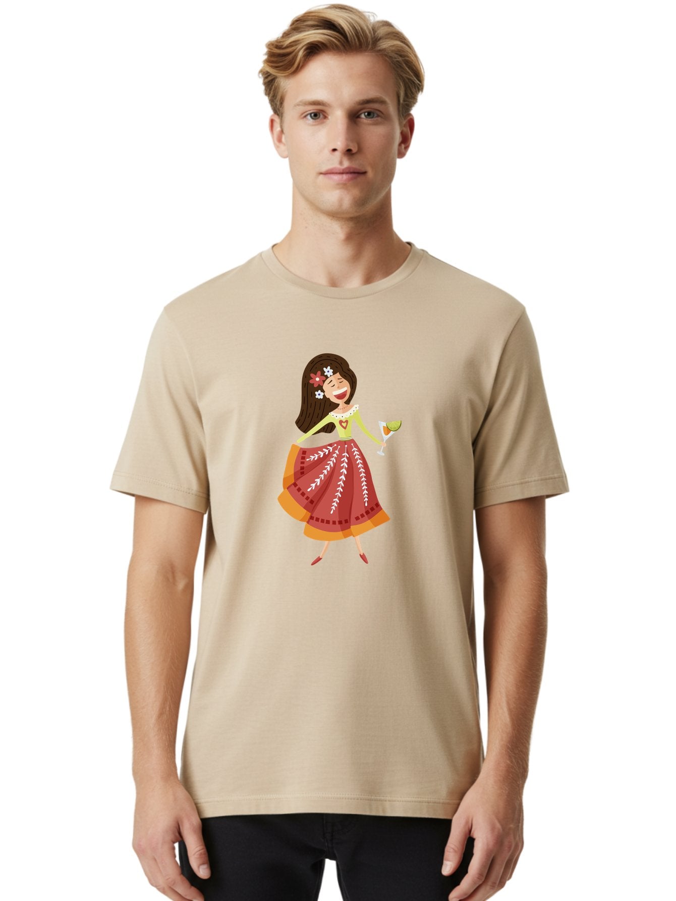Woman-With-Cocktail Men'S Graphic Tee, 100% Cotton, Comfortable Casual Summer Wear, Machine Washable, Happy Woman, Cocktail Glass, Festive Atmosphere, Colorful Dress, Flowers In Hair, Celebratory Drink, Joyful Expression, Elegant Pose Aad773 23