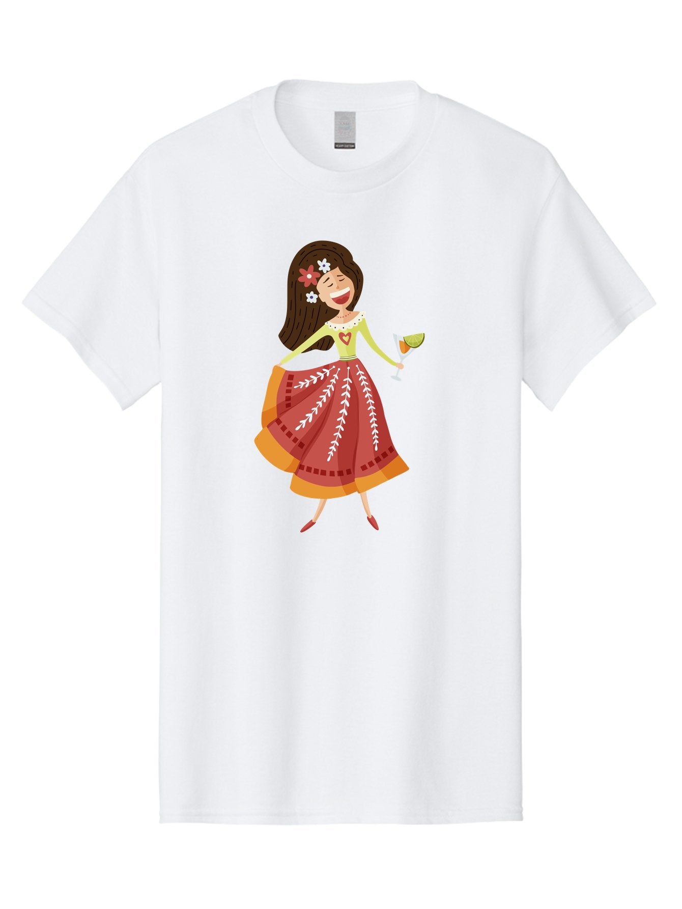 Woman-With-Cocktail Men'S Graphic Tee, 100% Cotton, Comfortable Casual Summer Wear, Machine Washable, Happy Woman, Cocktail Glass, Festive Atmosphere, Colorful Dress, Flowers In Hair, Celebratory Drink, Joyful Expression, Elegant Pose Aad773 10
