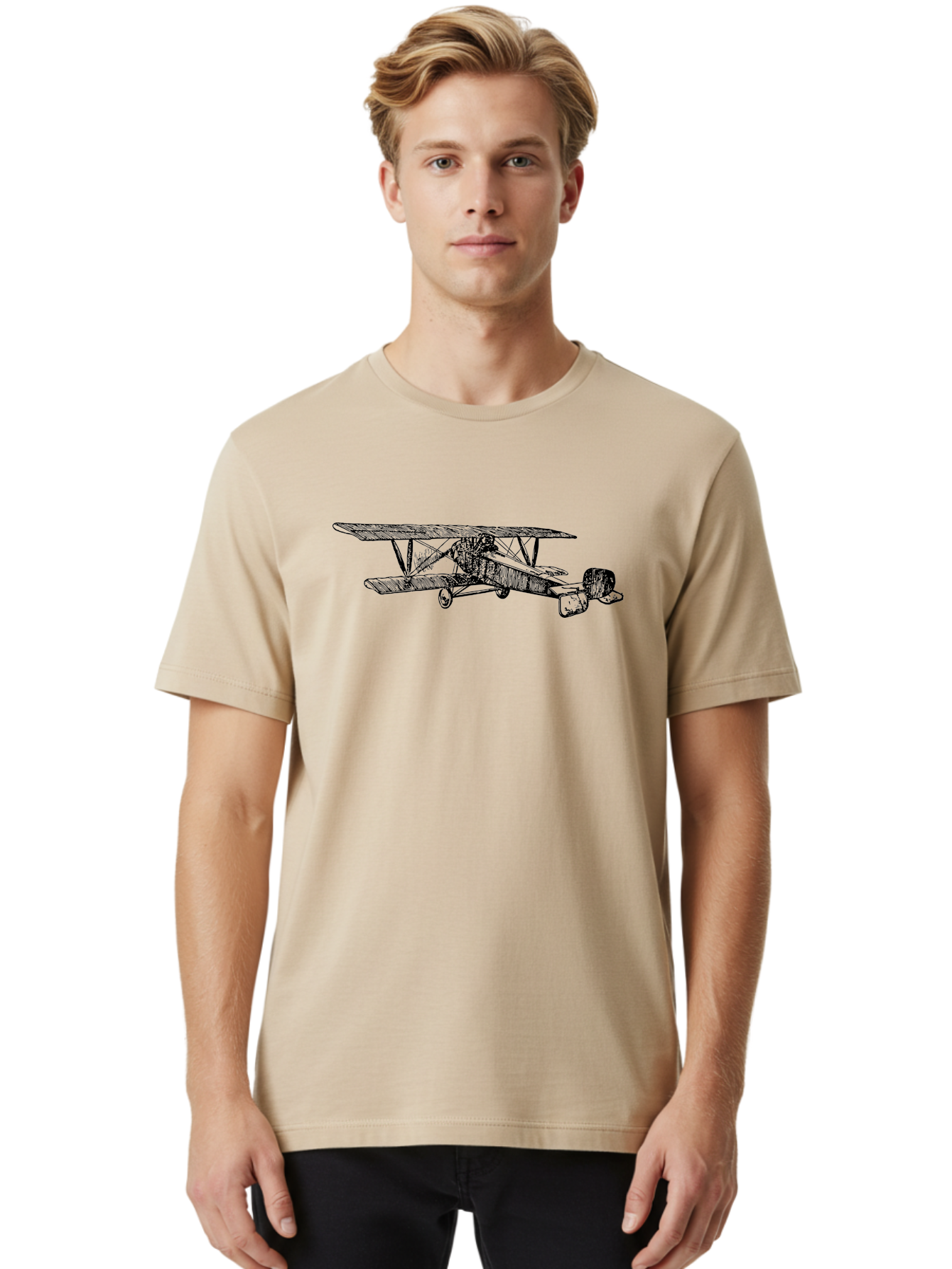 Biplane Men'S Graphic Tee, 100% Cotton, Comfortable Casual Summer Wear, Machine Washable, Vintage Airplane, Biplane Design, Sketch Art, Aviation History, Classic Aircraft, Retro Flying Machine, Nostalgic Transport Aad782 30