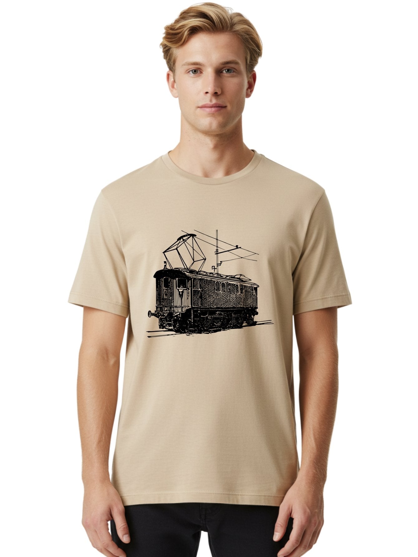 Electric-Train Men'S Graphic Tee, 100% Cotton, Comfortable Casual Summer Wear, Machine Washable, Vintage Electric Train, Railway Locomotive, Transportation Mode, Electric Power, Railway Technology, Historic Train Design, Public Transit Aad788 17