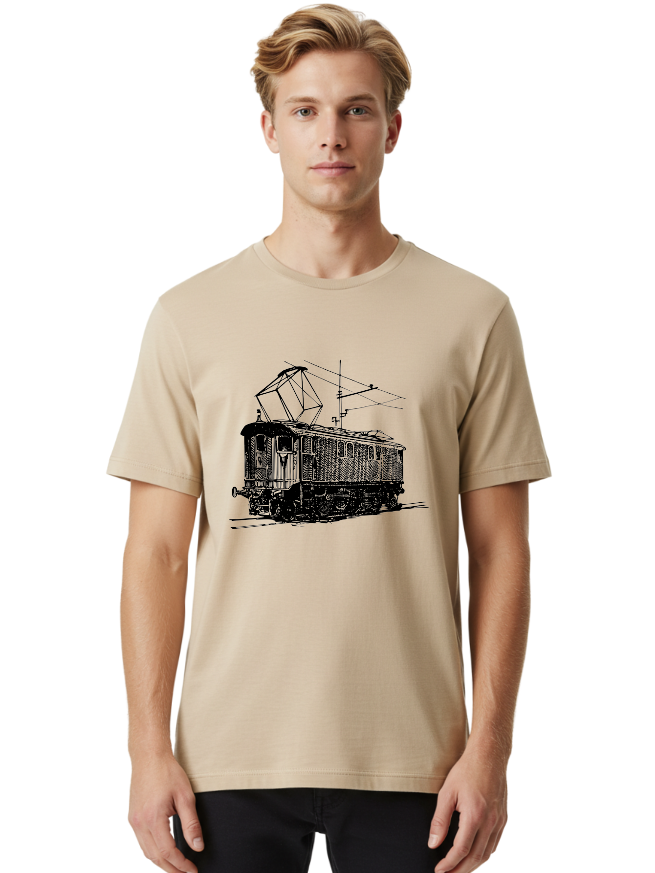 Electric-Train Men'S Graphic Tee, 100% Cotton, Comfortable Casual Summer Wear, Machine Washable, Vintage Electric Train, Railway Locomotive, Transportation Mode, Electric Power, Railway Technology, Historic Train Design, Public Transit Aad788 28