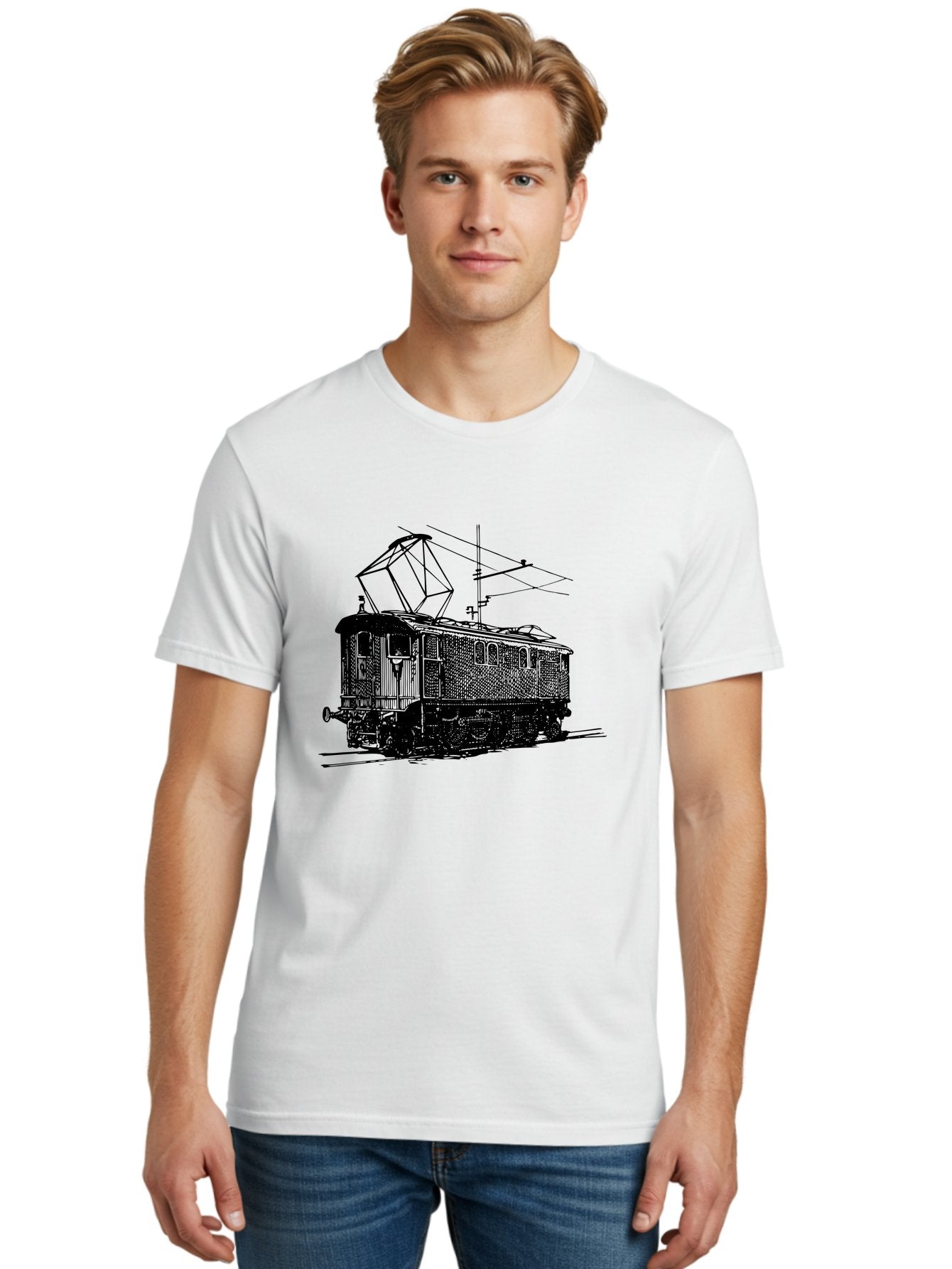 Electric-Train Men'S Graphic Tee, 100% Cotton, Comfortable Casual Summer Wear, Machine Washable, Vintage Electric Train, Railway Locomotive, Transportation Mode, Electric Power, Railway Technology, Historic Train Design, Public Transit Aad788 30