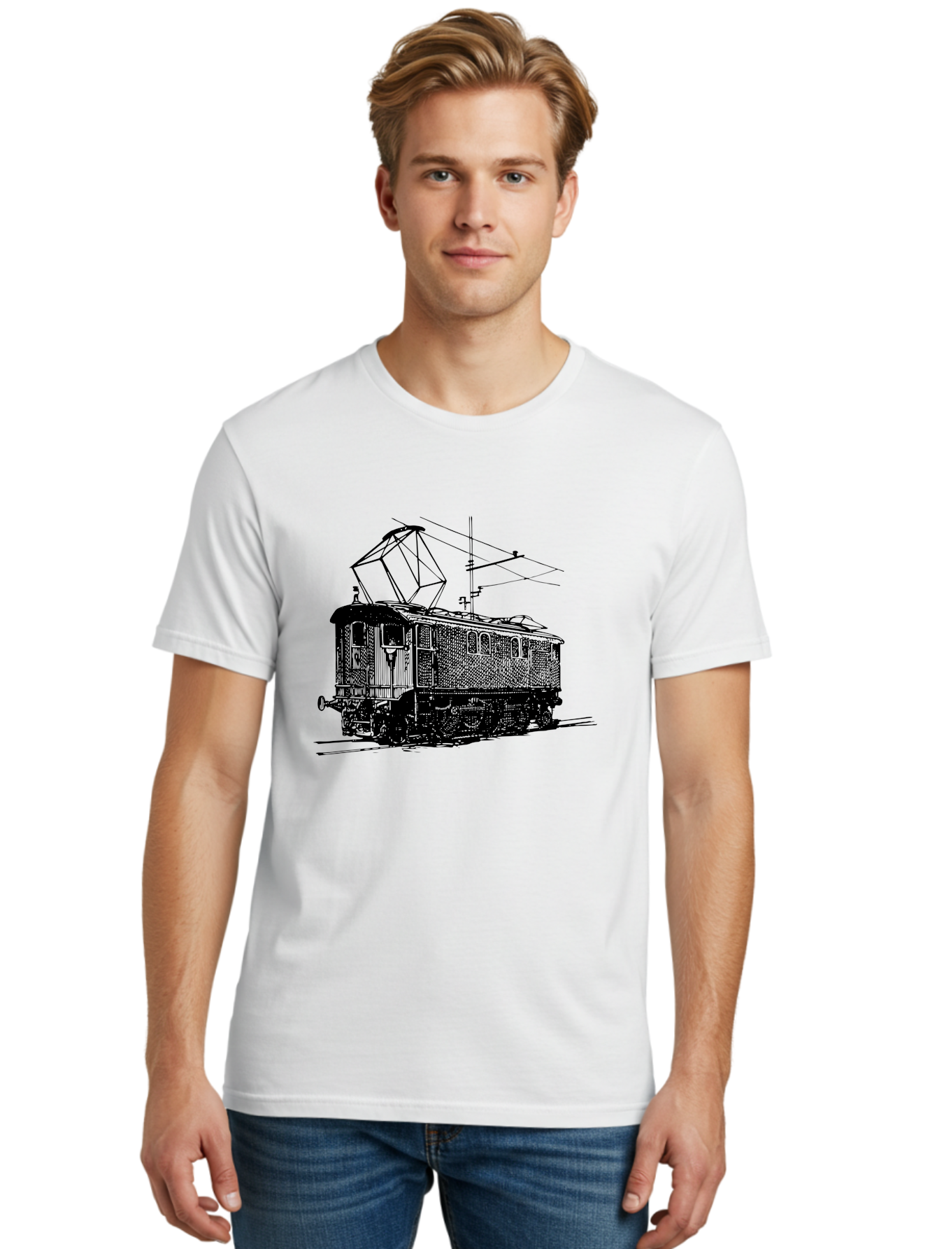 Electric-Train Men'S Graphic Tee, 100% Cotton, Comfortable Casual Summer Wear, Machine Washable, Vintage Electric Train, Railway Locomotive, Transportation Mode, Electric Power, Railway Technology, Historic Train Design, Public Transit Aad788