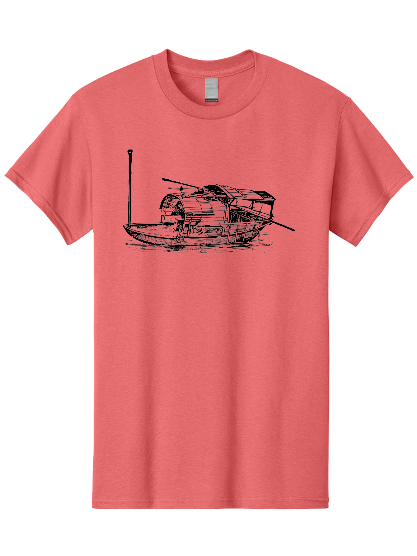 Floating-Houseboat Men'S Graphic Tee, 100% Cotton, Comfortable Casual Summer Wear, Machine Washable, Houseboat, Floating Home, Watercraft, Traditional Architecture, Serene Atmosphere, Vintage Illustration, Nautical Design, Peaceful Ambiance, Aad790 23