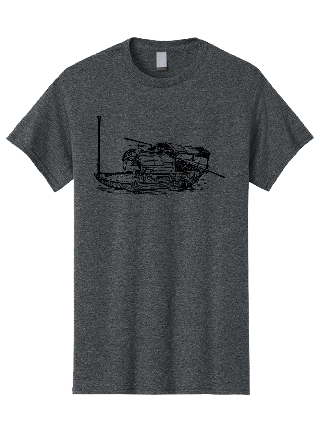 Floating-Houseboat Men'S Graphic Tee, 100% Cotton, Comfortable Casual Summer Wear, Machine Washable, Houseboat, Floating Home, Watercraft, Traditional Architecture, Serene Atmosphere, Vintage Illustration, Nautical Design, Peaceful Ambiance, Aad790 7