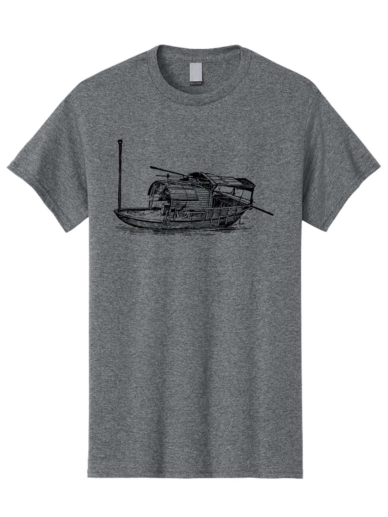 Floating-Houseboat Men'S Graphic Tee, 100% Cotton, Comfortable Casual Summer Wear, Machine Washable, Houseboat, Floating Home, Watercraft, Traditional Architecture, Serene Atmosphere, Vintage Illustration, Nautical Design, Peaceful Ambiance, Aad790 12