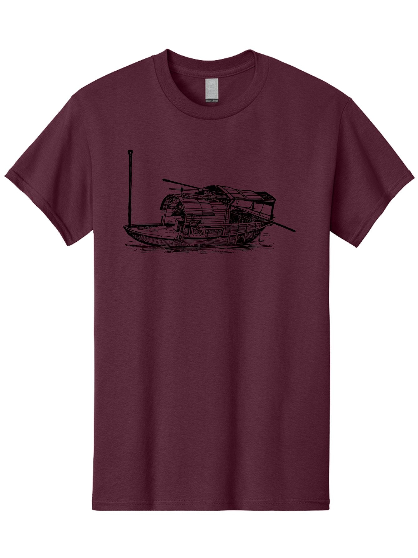 Floating-Houseboat Men'S Graphic Tee, 100% Cotton, Comfortable Casual Summer Wear, Machine Washable, Houseboat, Floating Home, Watercraft, Traditional Architecture, Serene Atmosphere, Vintage Illustration, Nautical Design, Peaceful Ambiance, Aad790 5