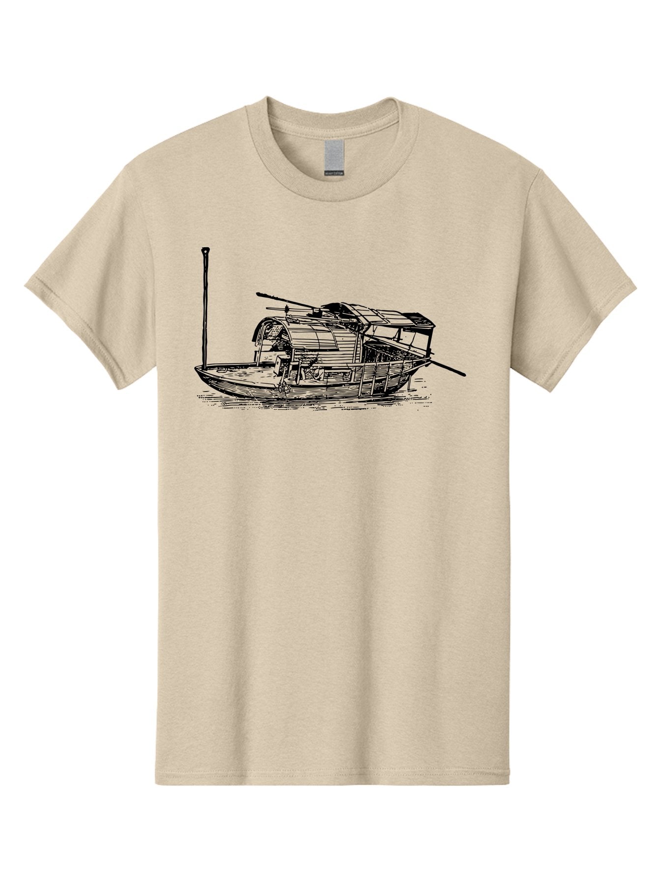 Floating-Houseboat Men'S Graphic Tee, 100% Cotton, Comfortable Casual Summer Wear, Machine Washable, Houseboat, Floating Home, Watercraft, Traditional Architecture, Serene Atmosphere, Vintage Illustration, Nautical Design, Peaceful Ambiance, Aad790 15
