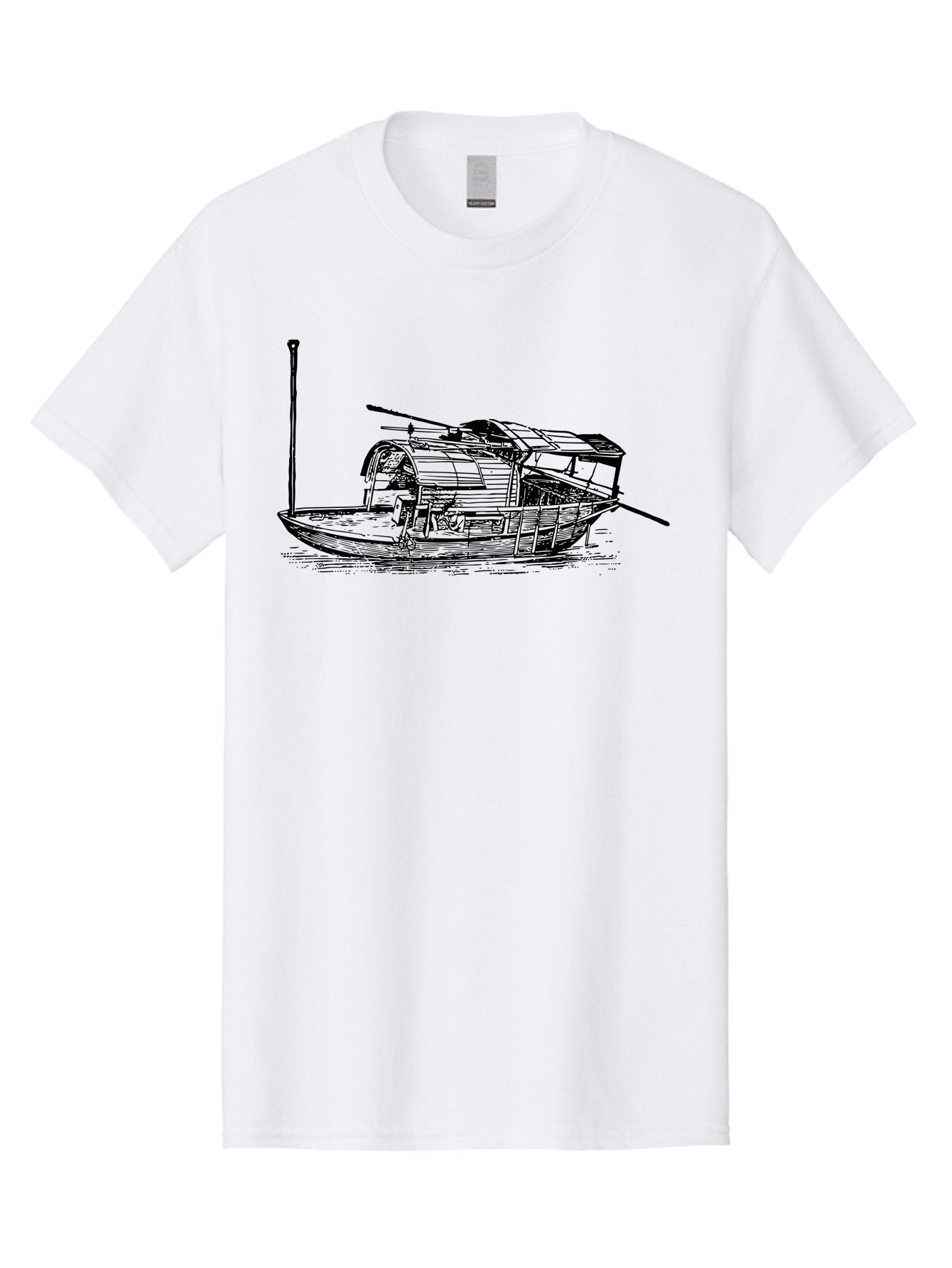 Floating-Houseboat Men'S Graphic Tee, 100% Cotton, Comfortable Casual Summer Wear, Machine Washable, Houseboat, Floating Home, Watercraft, Traditional Architecture, Serene Atmosphere, Vintage Illustration, Nautical Design, Peaceful Ambiance, Aad790 6