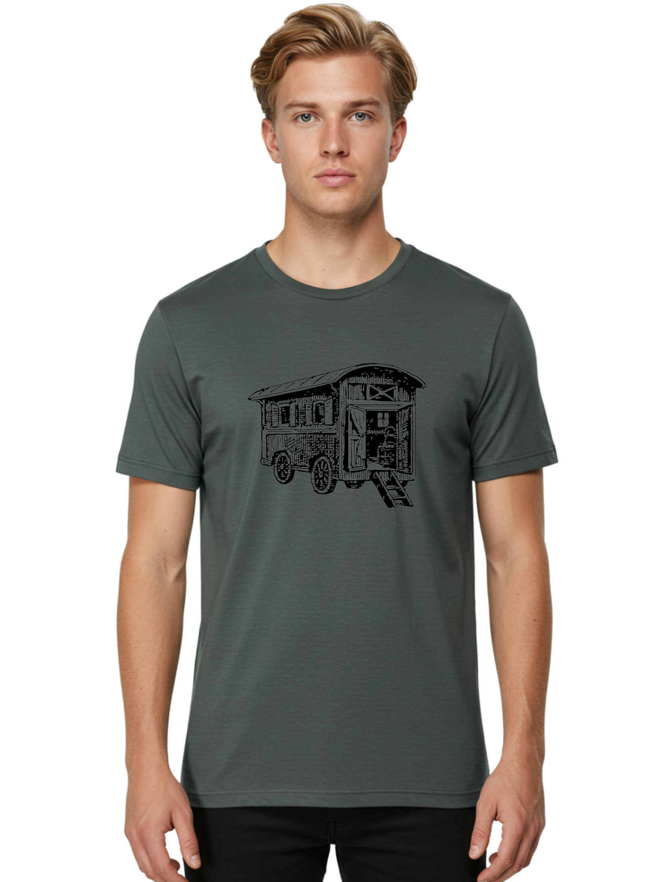 Gypsy-Vardo Men'S Graphic Tee, 100% Cotton, Comfortable Casual Summer Wear, Machine Washable, Gypsy Caravan, Vintage Trailer, Wooden Caravan, Rustic Charm, Travel Trailer, Nomadic Lifestyle, Alternative Living, Bohemian Style Aad791