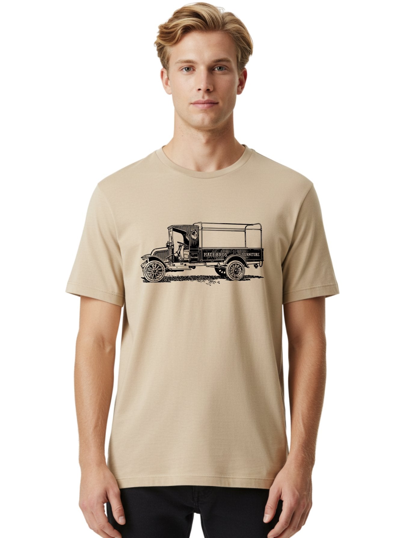 Hall-Bros-Furniture Men'S Graphic Tee, 100% Cotton, Comfortable Casual Summer Wear, Machine Washable, Vintage Truck, Antique Delivery Vehicle, Hale Bros Furniture, Classic Truck Design, Old Truck, Retro Transportation, Furniture Delivery, Aad792 19