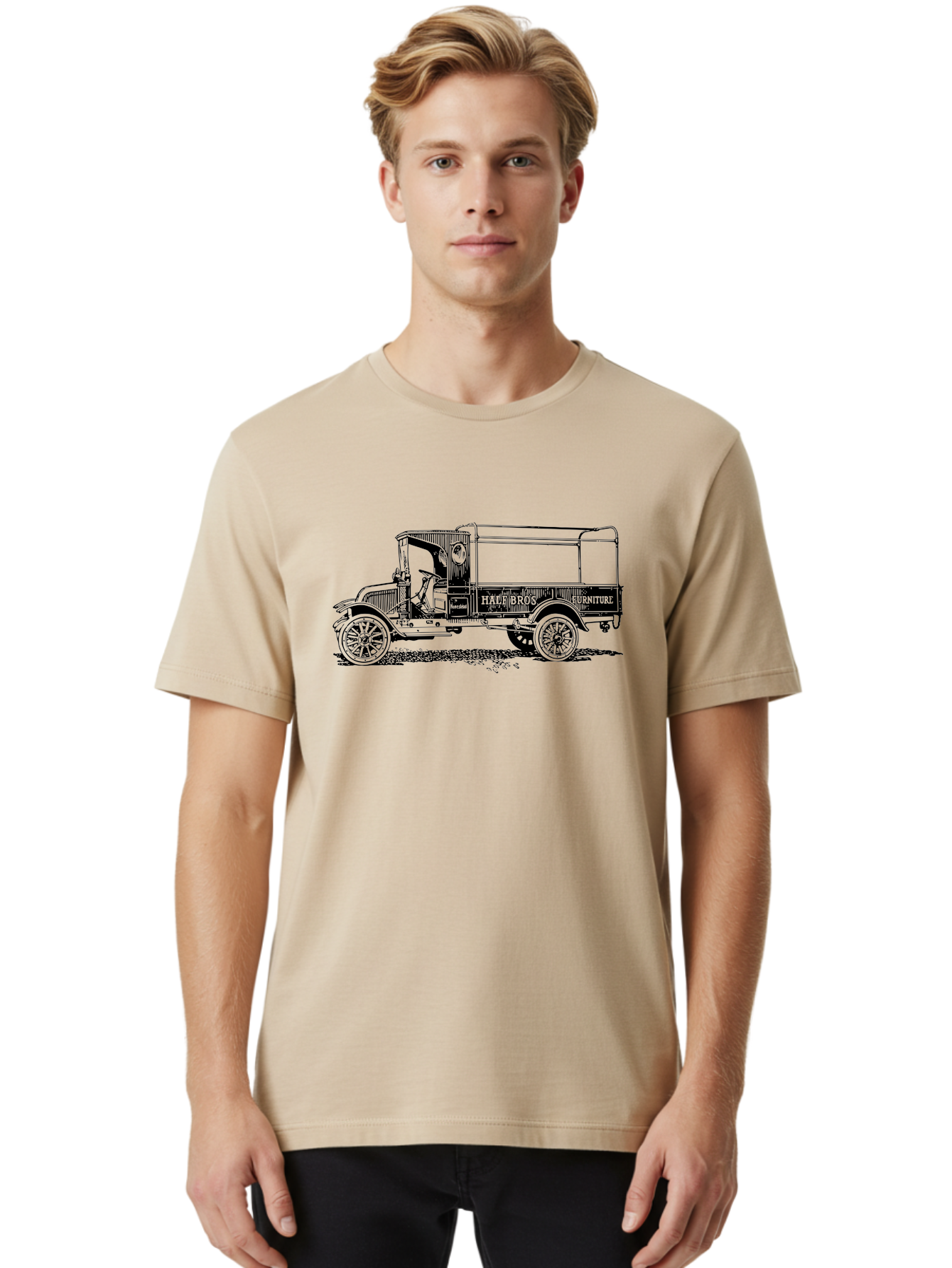 Hall-Bros-Furniture Men'S Graphic Tee, 100% Cotton, Comfortable Casual Summer Wear, Machine Washable, Vintage Truck, Antique Delivery Vehicle, Hale Bros Furniture, Classic Truck Design, Old Truck, Retro Transportation, Furniture Delivery, Aad792 22