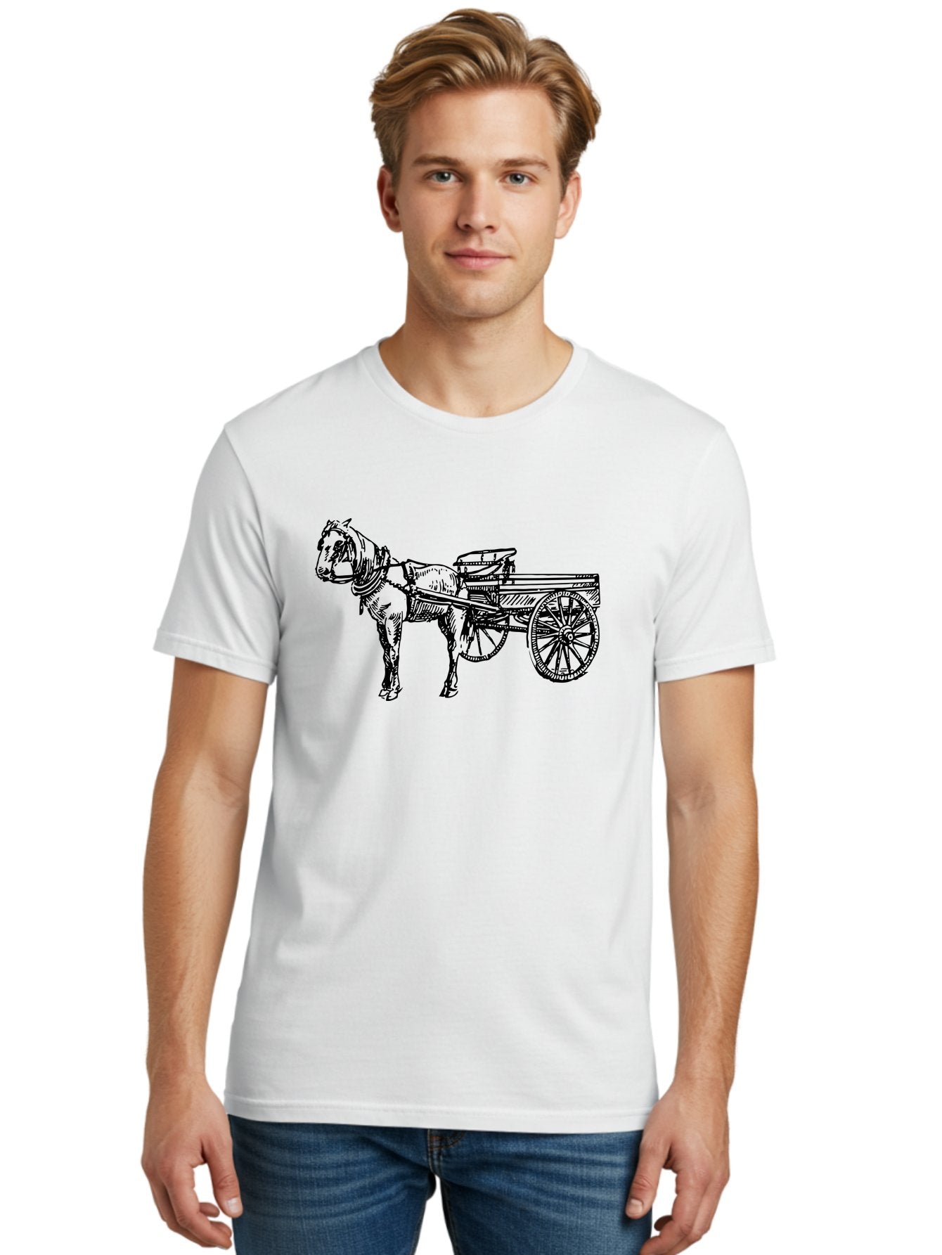 Horse-And-Cart Men'S Graphic Tee, 100% Cotton, Comfortable Casual Summer Wear, Machine Washable, Horse Drawn Cart, Vintage Transportation, Traditional Carriage, Horse Harness, Wooden Cart Wheels, Classic Illustration, Historical Vehicle, Aad793 22