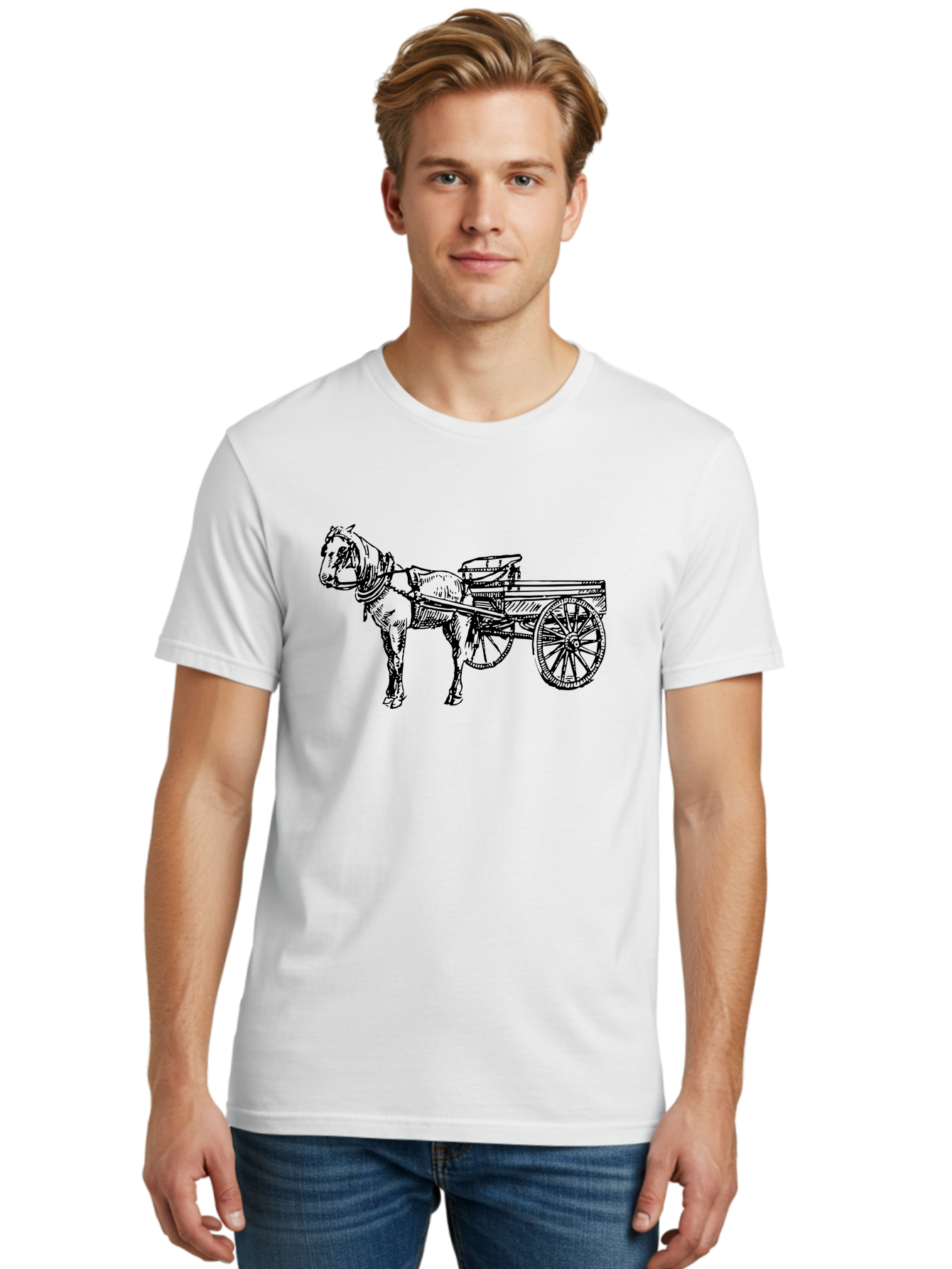 Horse-And-Cart Men'S Graphic Tee, 100% Cotton, Comfortable Casual Summer Wear, Machine Washable, Horse Drawn Cart, Vintage Transportation, Traditional Carriage, Horse Harness, Wooden Cart Wheels, Classic Illustration, Historical Vehicle, Aad793 18