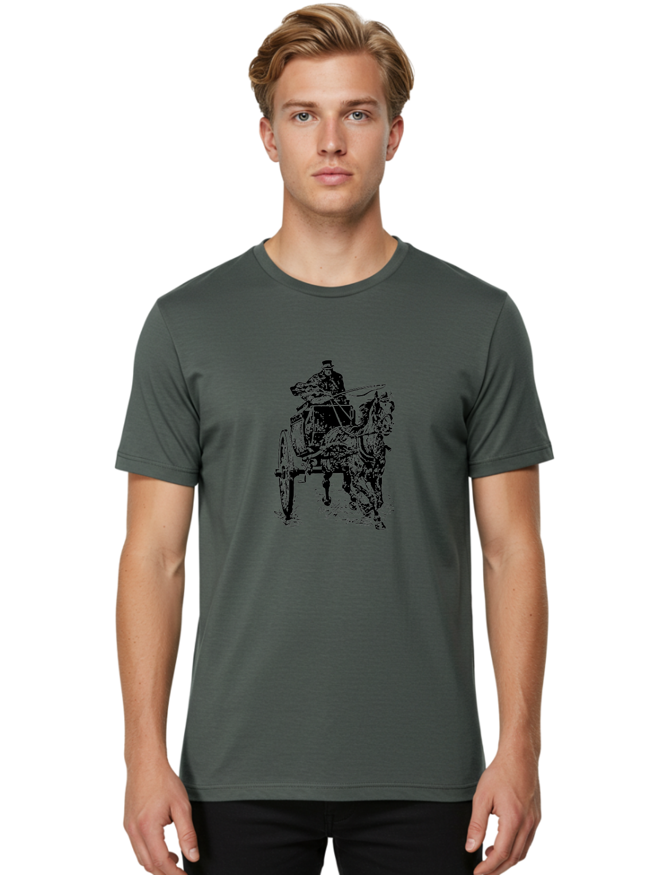 Horse-Drawn-Cart-1 Men'S Graphic Tee, 100% Cotton, Comfortable Casual Summer Wear, Machine Washable, Horse Drawn Carriage, Vintage Transportation, Horse Riding, Old-Fashioned Travel, Carriage Ride, Equestrian Art, Classic Illustration, Aad794
