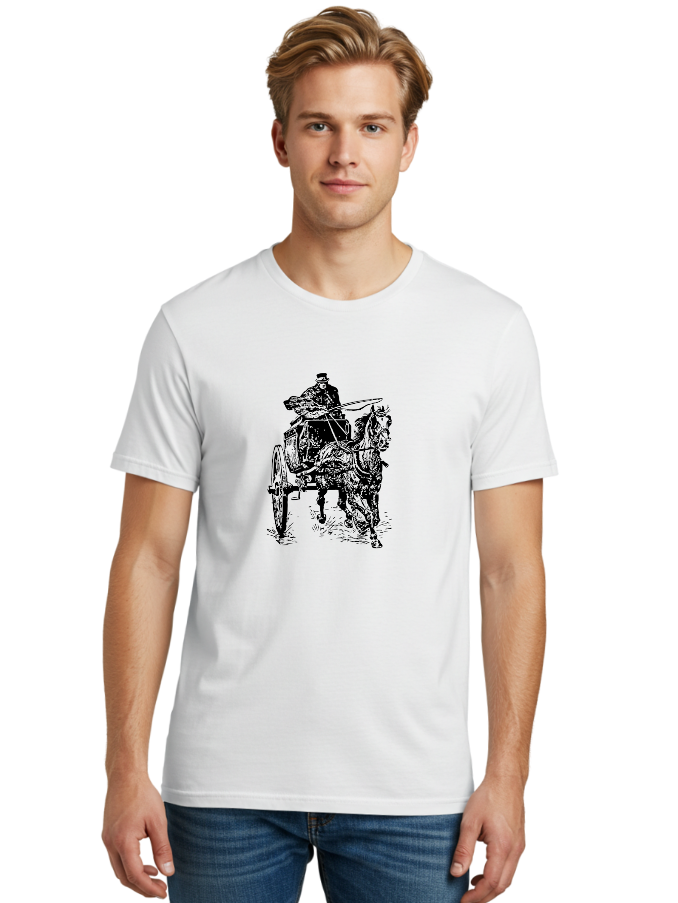 Horse-Drawn-Cart-1 Men'S Graphic Tee, 100% Cotton, Comfortable Casual Summer Wear, Machine Washable, Horse Drawn Carriage, Vintage Transportation, Horse Riding, Old-Fashioned Travel, Carriage Ride, Equestrian Art, Classic Illustration, Aad794 28