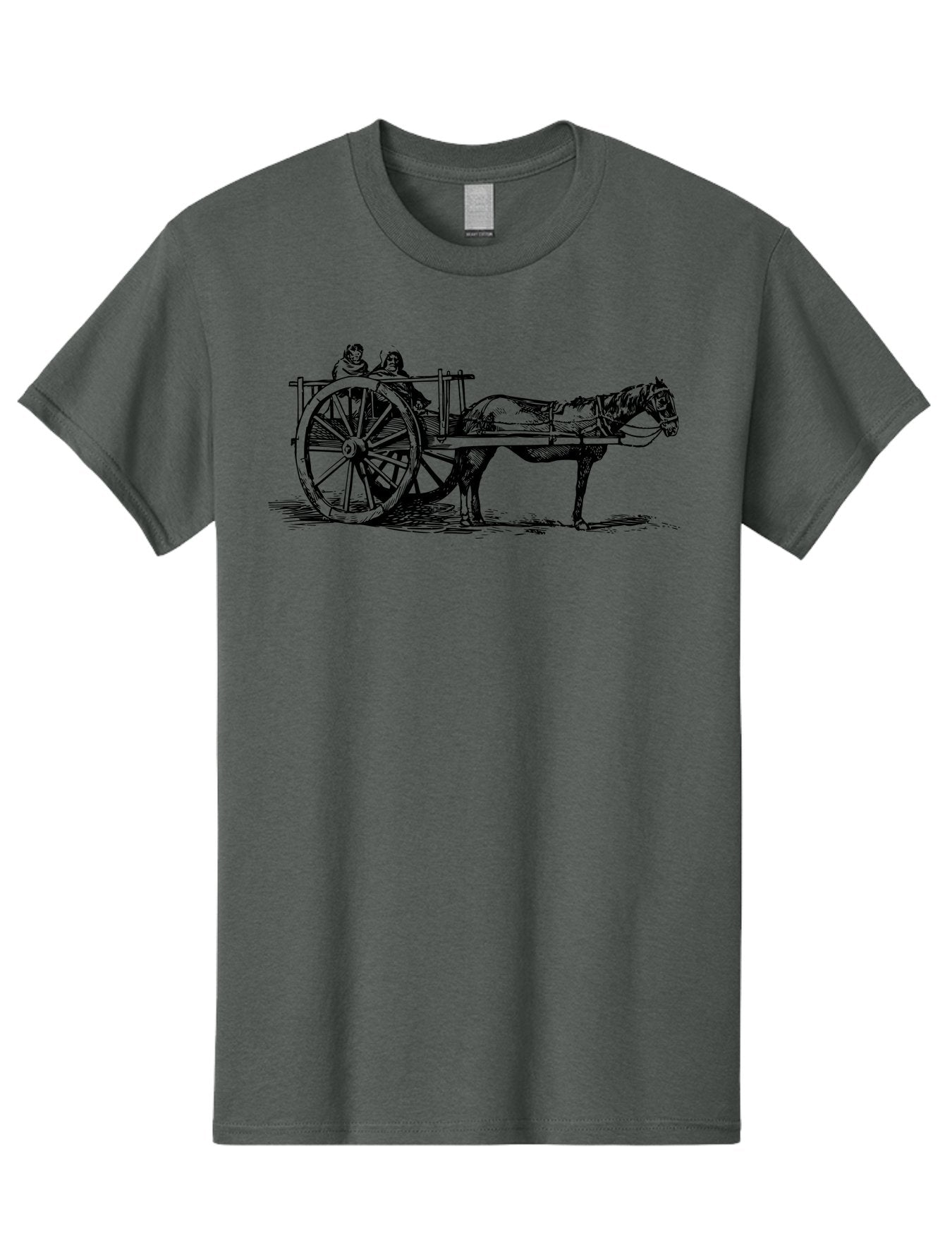 Horse-Drawn-Cart Men'S Graphic Tee, 100% Cotton, Comfortable Casual Summer Wear, Machine Washable, Vintage Horse Cart, Horse Drawn Carriage, Traditional Transportation, Classic Cart Illustration, Horse And Carriage, People Riding Cart, Aad795 7