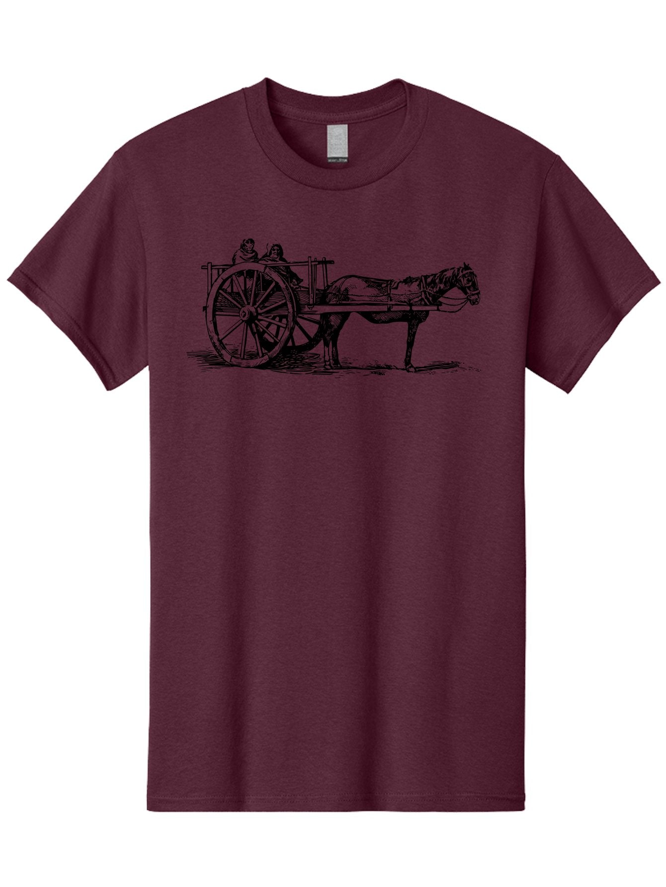 Horse-Drawn-Cart Men'S Graphic Tee, 100% Cotton, Comfortable Casual Summer Wear, Machine Washable, Vintage Horse Cart, Horse Drawn Carriage, Traditional Transportation, Classic Cart Illustration, Horse And Carriage, People Riding Cart, Aad795