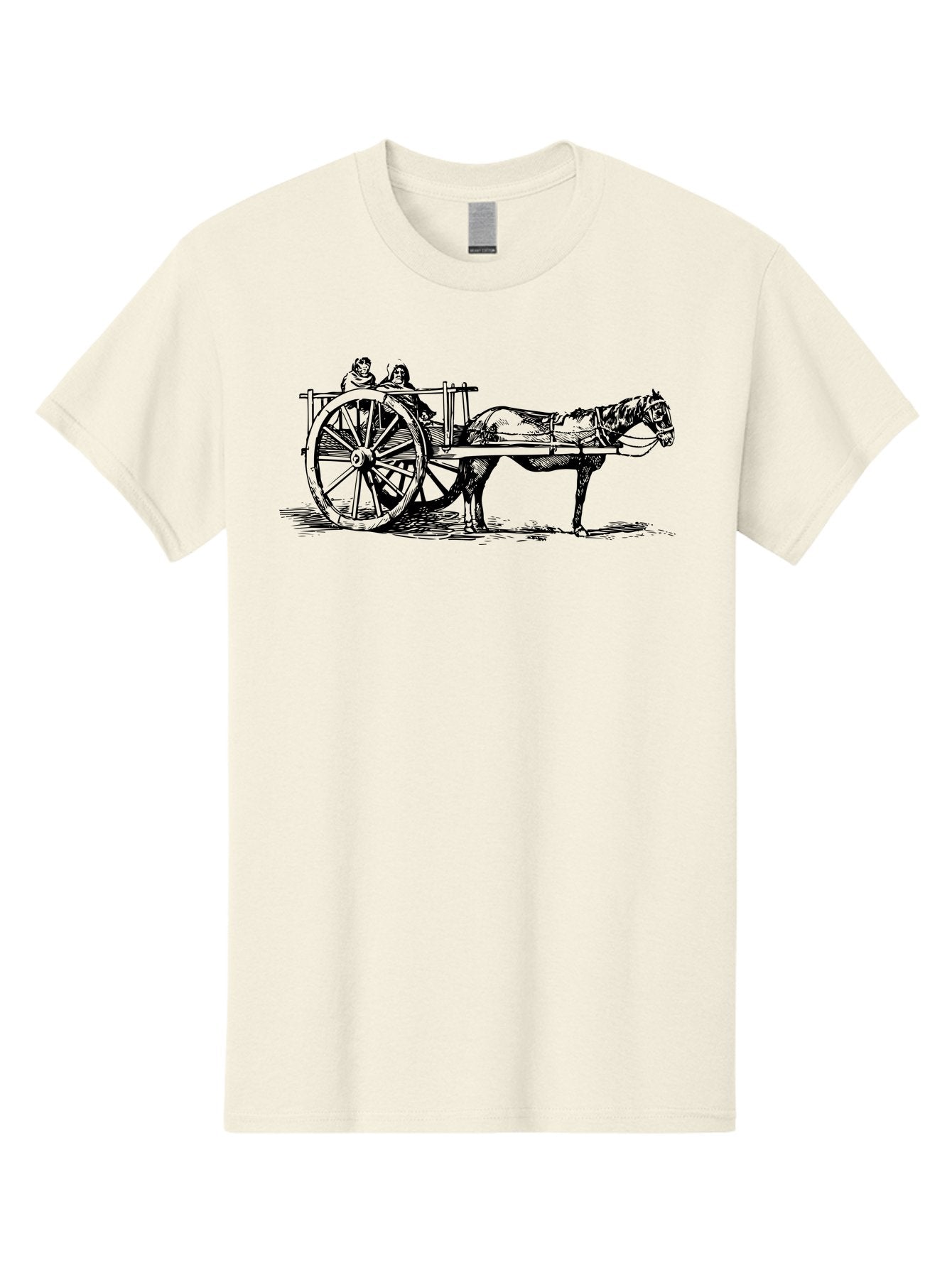 Horse-Drawn-Cart Men'S Graphic Tee, 100% Cotton, Comfortable Casual Summer Wear, Machine Washable, Vintage Horse Cart, Horse Drawn Carriage, Traditional Transportation, Classic Cart Illustration, Horse And Carriage, People Riding Cart, Aad795