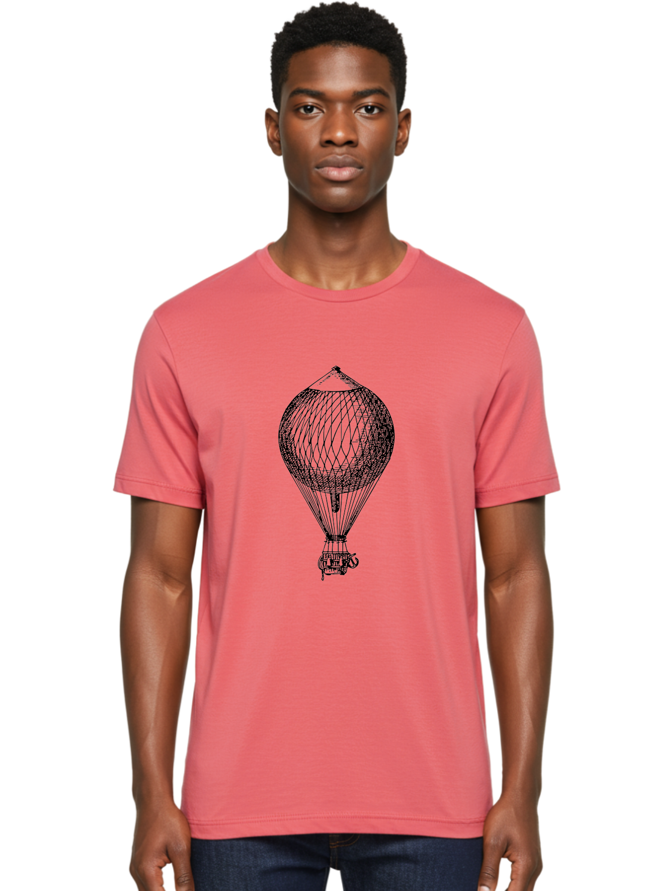 Hot-Air-Balloon Men'S Graphic Tee, 100% Cotton, Comfortable Casual Summer Wear, Machine Washable, Hot Air Balloon, Vintage Illustration, Black And White Graphic, Aerostat, Flight Technology, Historic Aircraft, Intricate Details, Wireframe Art Aad797 26