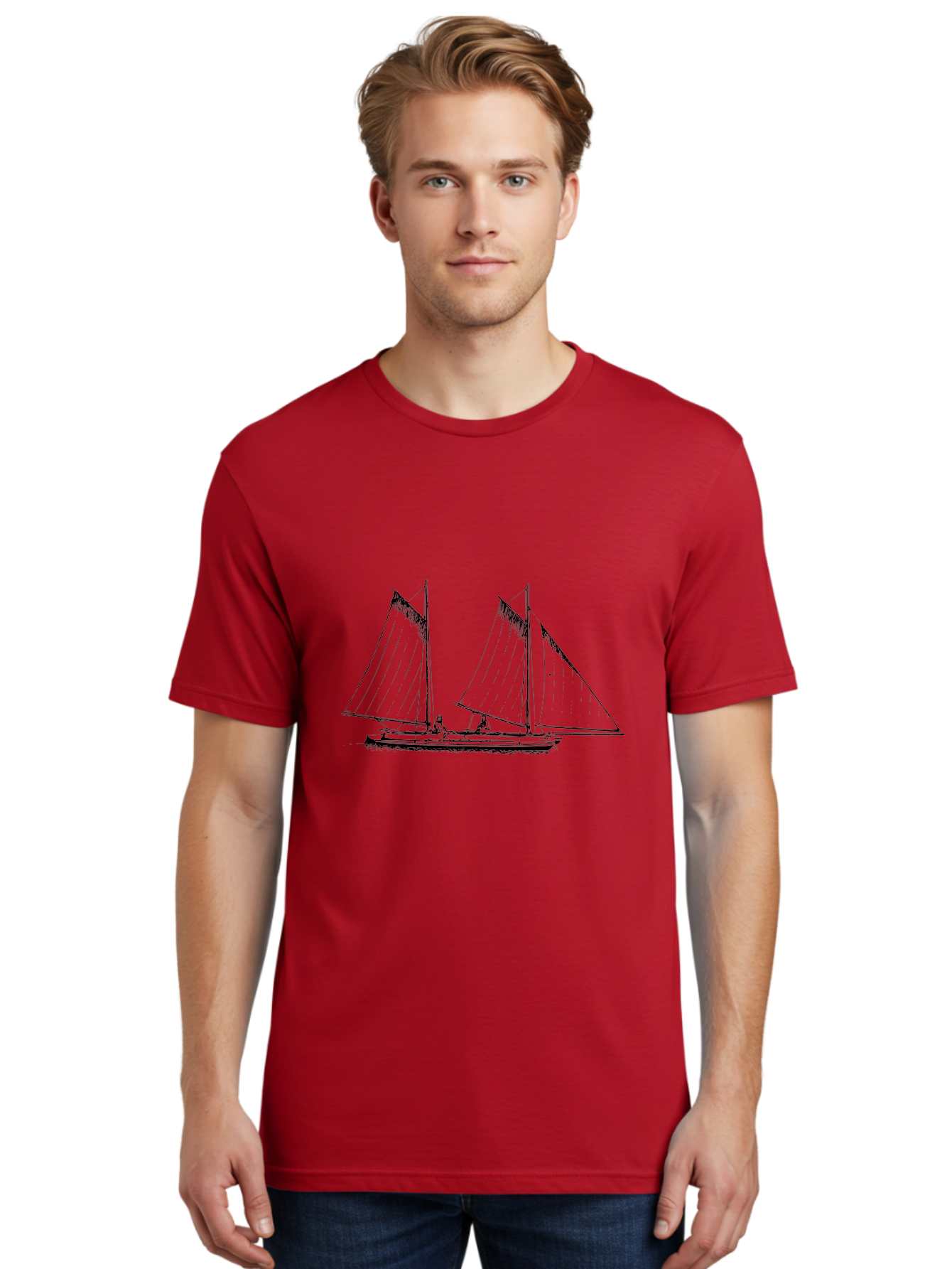 Sailboat-2 Men'S Graphic Tee, 100% Cotton, Comfortable Casual Summer Wear, Machine Washable, Sailboat, Sailing, Ocean, Watercraft, Nautical Theme, Sailing Vessels, Serene Atmosphere, Maritime, Adventure, Sketch Art, Black Lines, Simple Design, Aad805 24