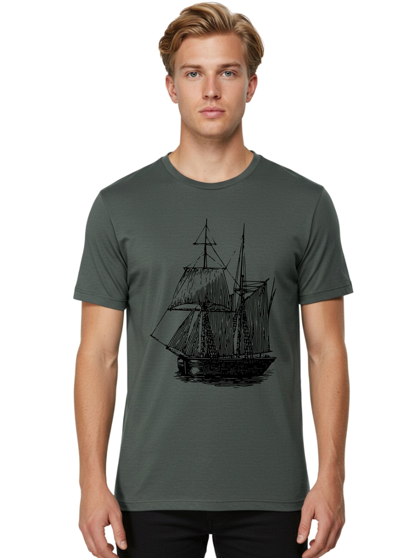Sailboat Men'S Graphic Tee, 100% Cotton, Comfortable Casual Summer Wear, Machine Washable, Sailboat On Water, Sailing Vessel, Black And White Illustration, Nautical Theme, Ocean Scenery, Vintage Style, Maritime Art Aad806 30