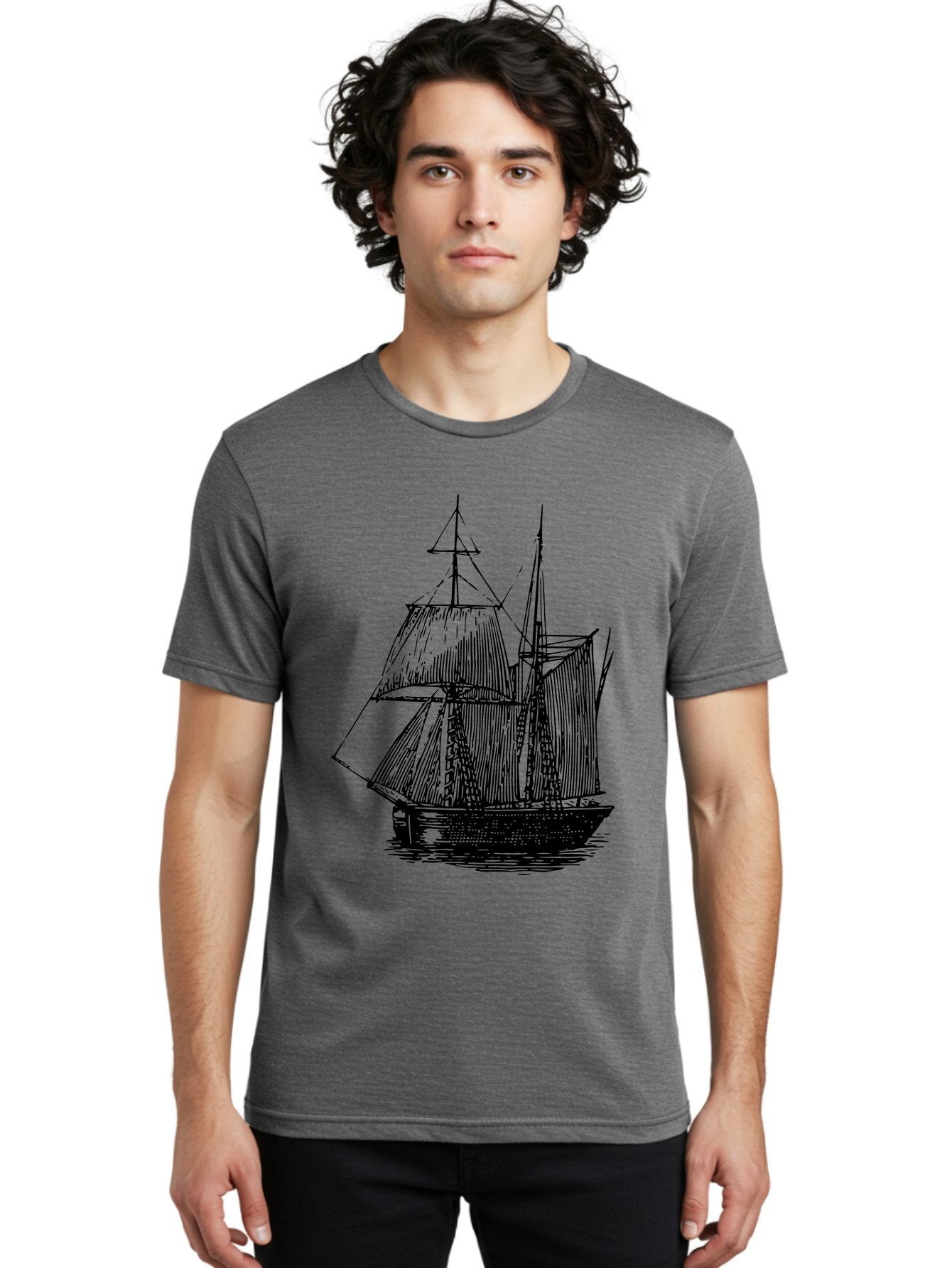 Sailboat Men'S Graphic Tee, 100% Cotton, Comfortable Casual Summer Wear, Machine Washable, Sailboat On Water, Sailing Vessel, Black And White Illustration, Nautical Theme, Ocean Scenery, Vintage Style, Maritime Art Aad806 16