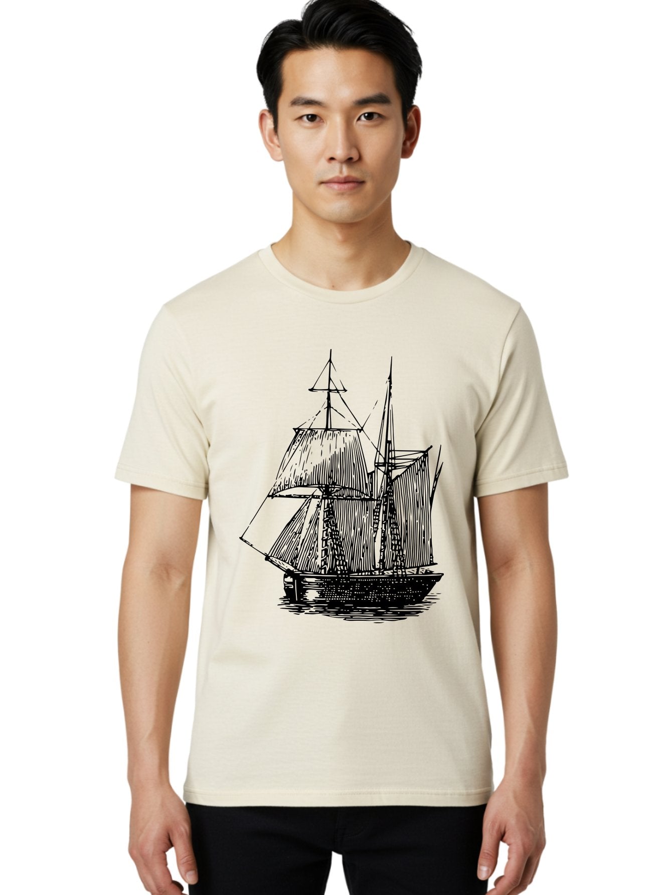 Sailboat Men'S Graphic Tee, 100% Cotton, Comfortable Casual Summer Wear, Machine Washable, Sailboat On Water, Sailing Vessel, Black And White Illustration, Nautical Theme, Ocean Scenery, Vintage Style, Maritime Art Aad806 23