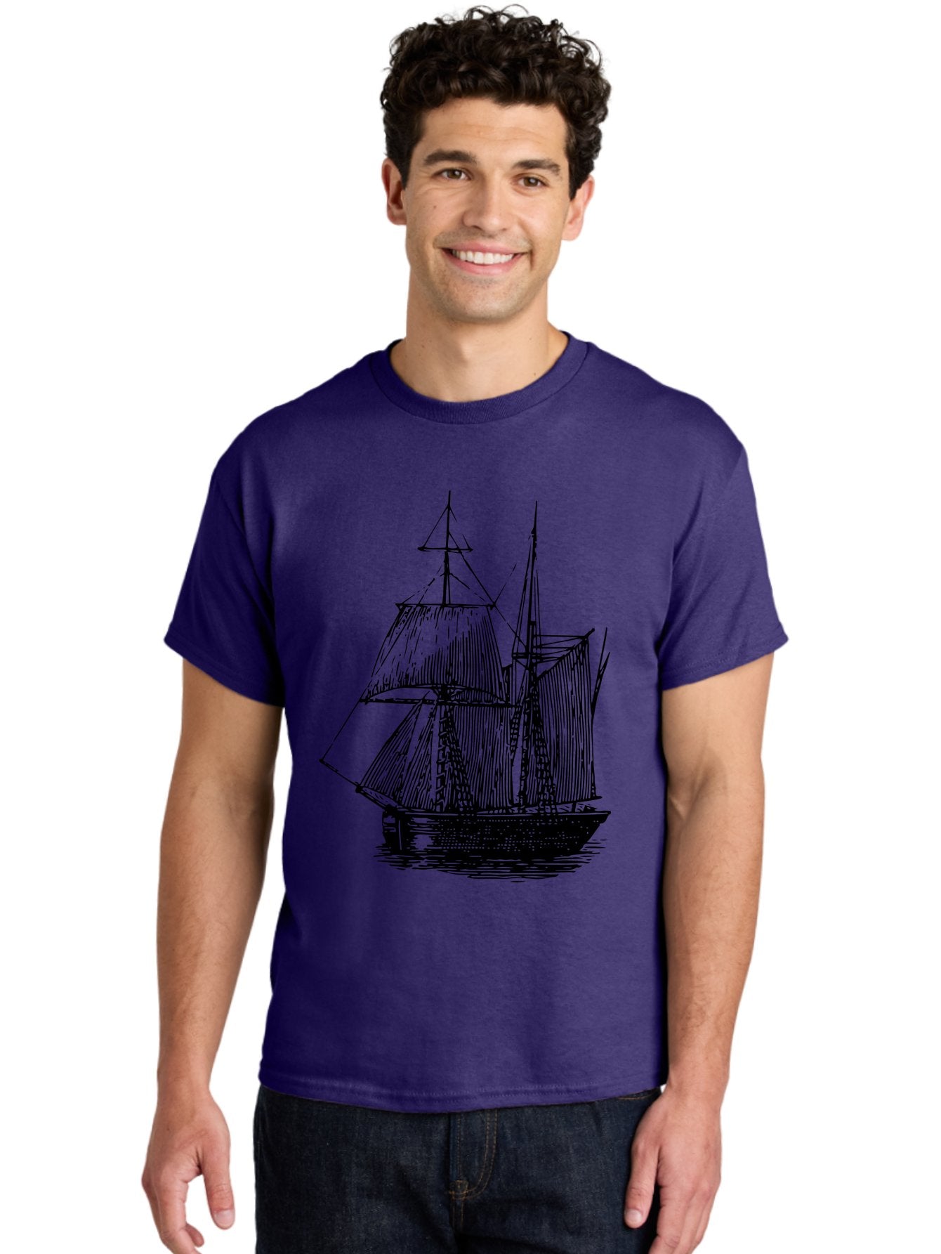 Sailboat Men'S Graphic Tee, 100% Cotton, Comfortable Casual Summer Wear, Machine Washable, Sailboat On Water, Sailing Vessel, Black And White Illustration, Nautical Theme, Ocean Scenery, Vintage Style, Maritime Art Aad806 28