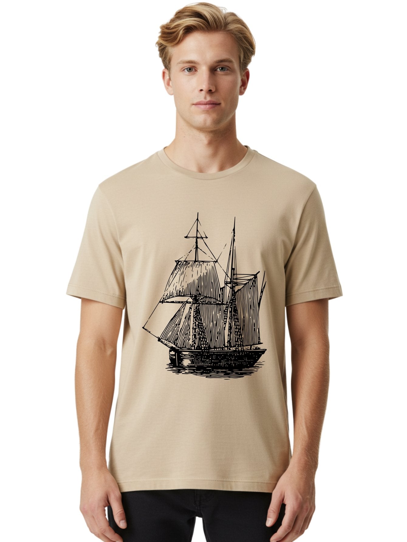 Sailboat Men'S Graphic Tee, 100% Cotton, Comfortable Casual Summer Wear, Machine Washable, Sailboat On Water, Sailing Vessel, Black And White Illustration, Nautical Theme, Ocean Scenery, Vintage Style, Maritime Art Aad806 20