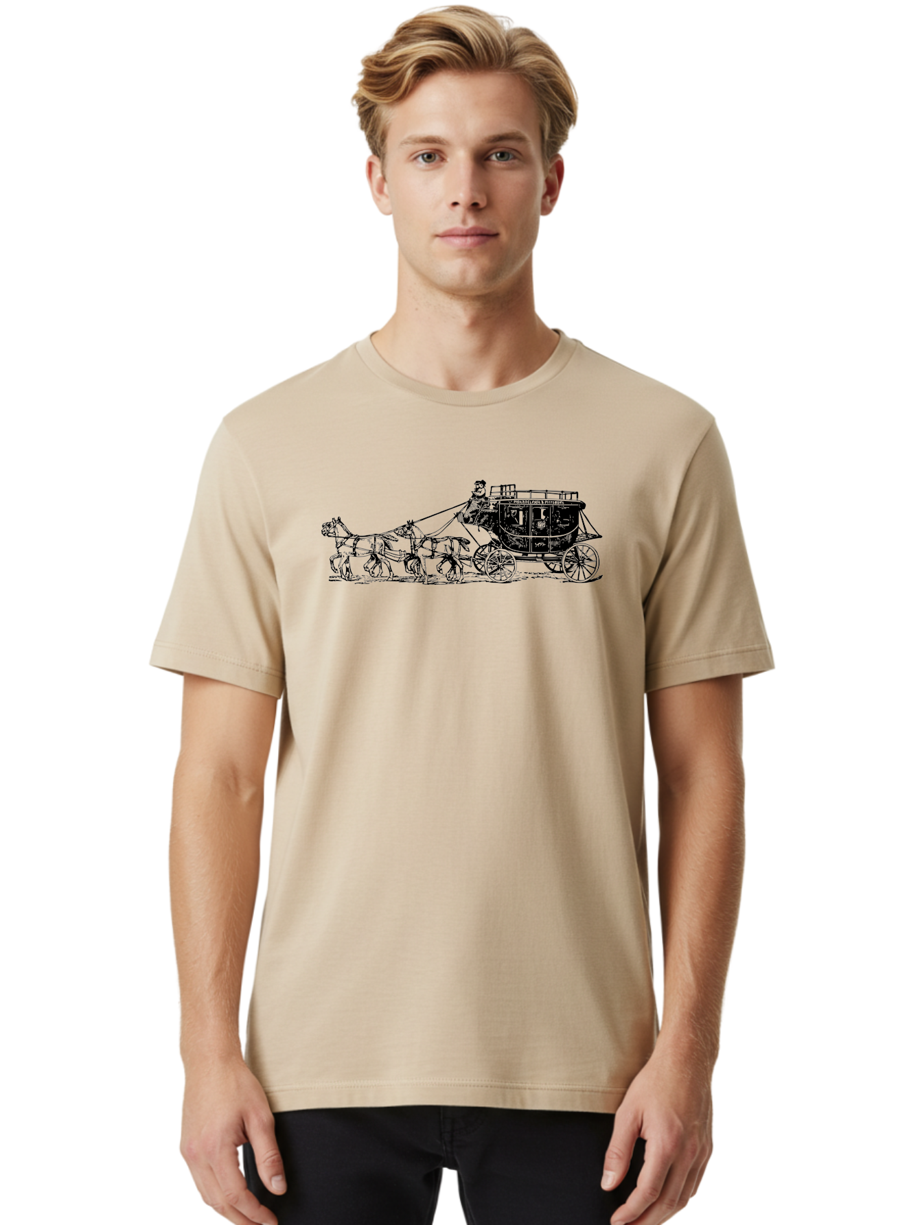 Stagecoach Men'S Graphic Tee, 100% Cotton, Comfortable Casual Summer Wear, Machine Washable, Horse-Drawn Stagecoach, Vintage Transportation, Historical Vehicle, Retro Travel, Classic Carriage, Old-Fashioned, Horse-Drawn Carriage, Aad807