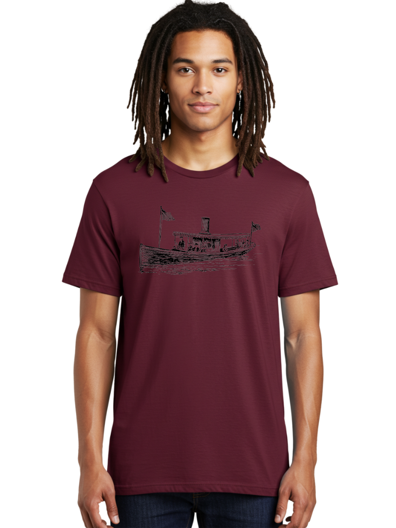 Steam-Boat Men'S Graphic Tee, 100% Cotton, Comfortable Casual Summer Wear, Machine Washable, Steamboat On The Water, American Flag, People On Board, Vintage Illustration, Historic Vessel, Classic Transportation Aad808