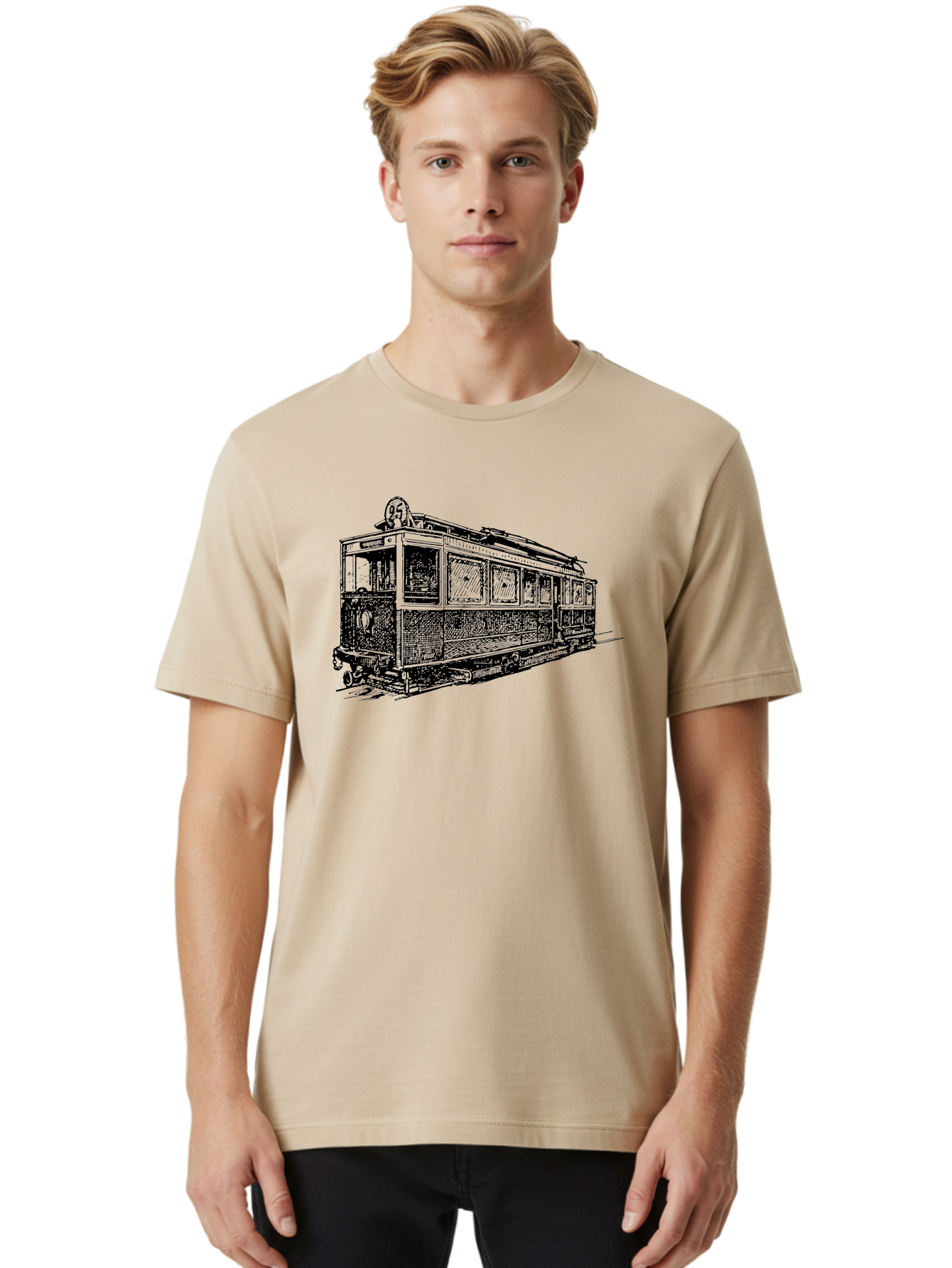 Tram-Car Men'S Graphic Tee, 100% Cotton, Comfortable Casual Summer Wear, Machine Washable, Vintage Trolley, Urban Transportation, Public Transit, Classic Vehicle, Electric Tram, Retro Style, Nostalgic Design, Tramway Aad815 20
