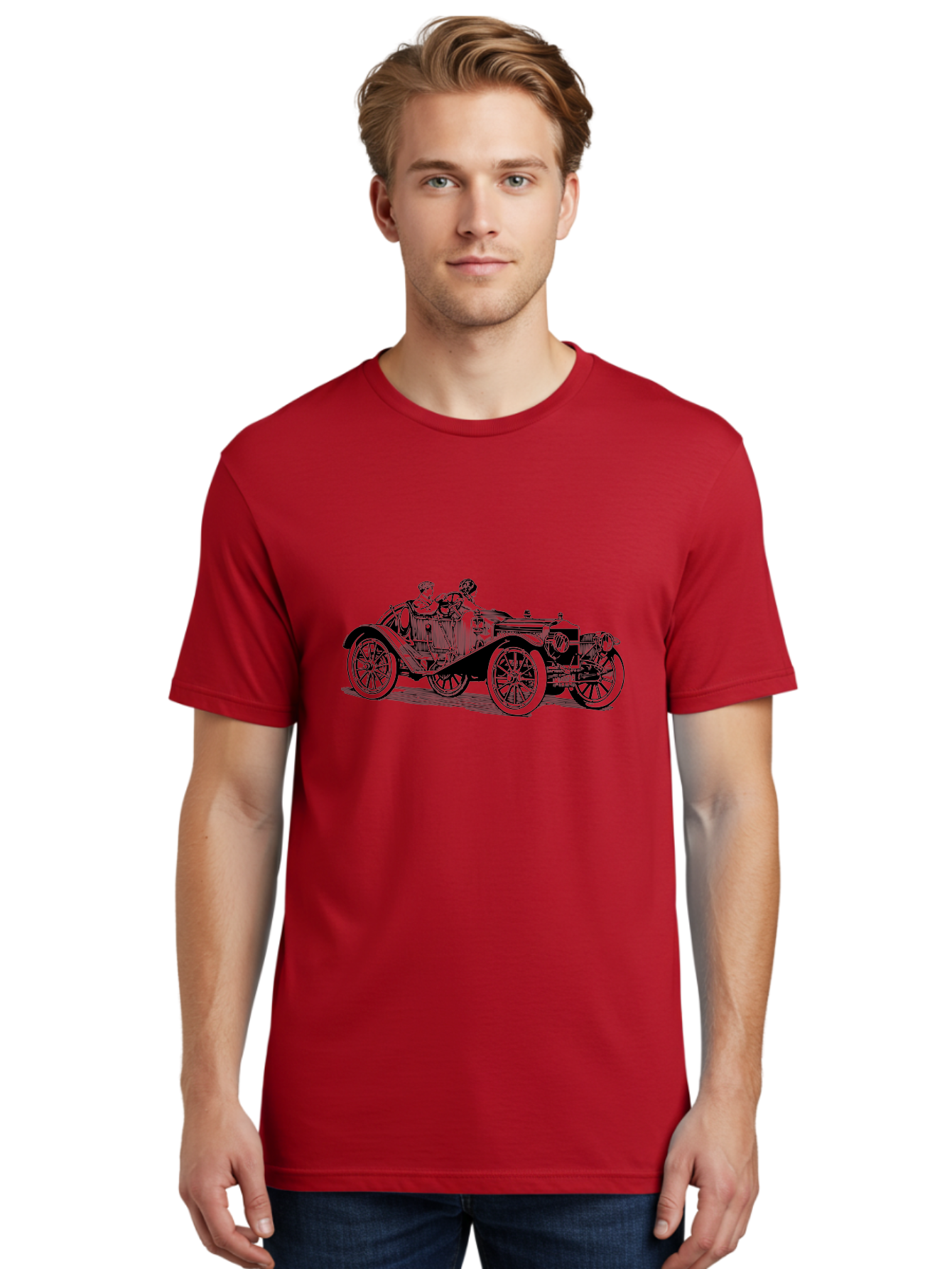 Vintage-Car-4 Men'S Graphic Tee, 100% Cotton, Comfortable Casual Summer Wear, Machine Washable, Vintage Car, Antique Automobile, Classic Vehicle, Retro Transportation, Old-Fashioned Car, Two People Riding Aad824