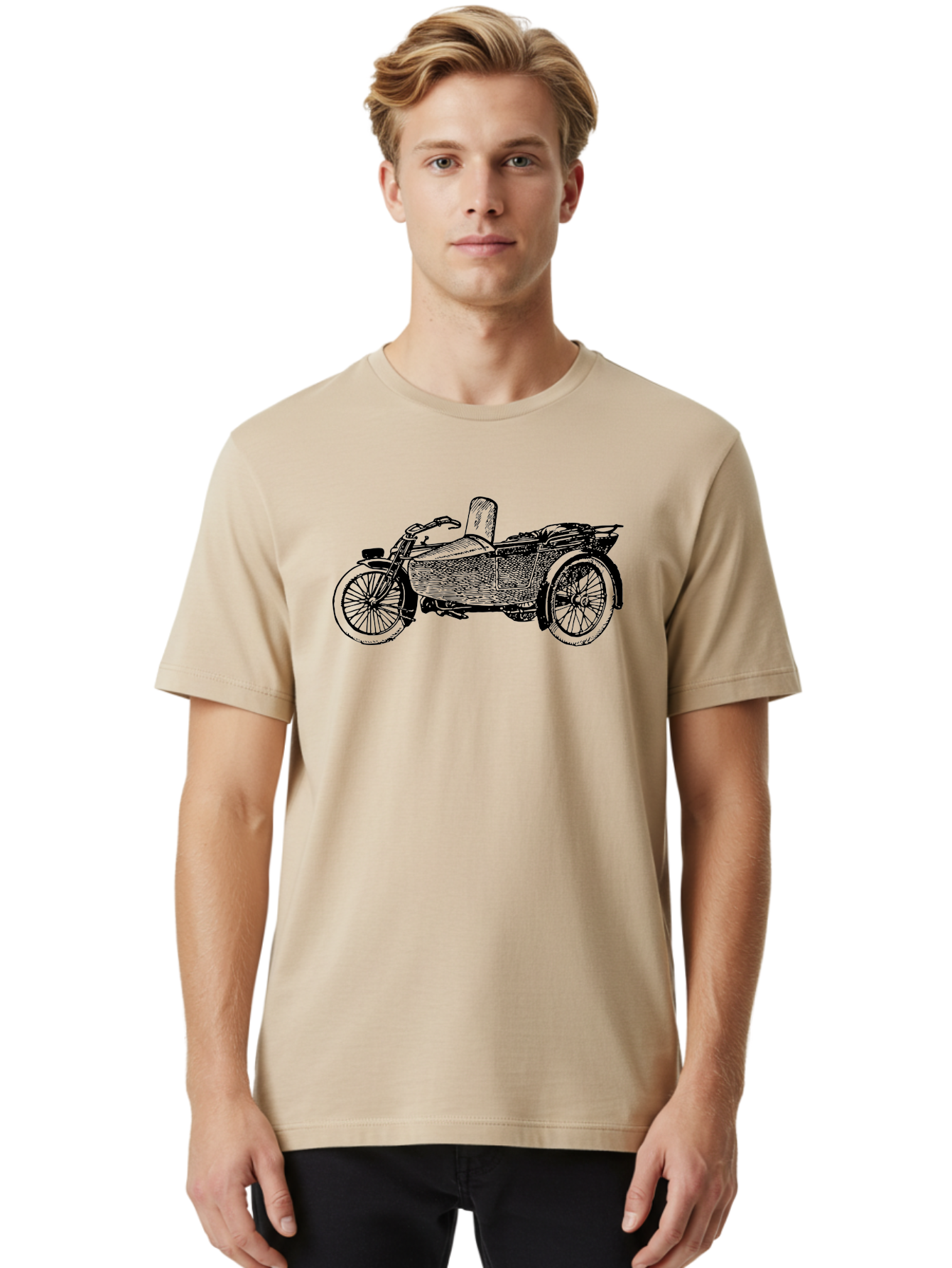 Vintage-Motorcycle-Sidecar-1 Men'S Graphic Tee, 100% Cotton, Comfortable Casual Summer Wear, Machine Washable, Vintage Motorcycle, Sidecar, Classic Bike, Retro Vehicle, Old-Fashioned Transportation, Motorcycle With Sidecar, Vintage Ride, Aad830
